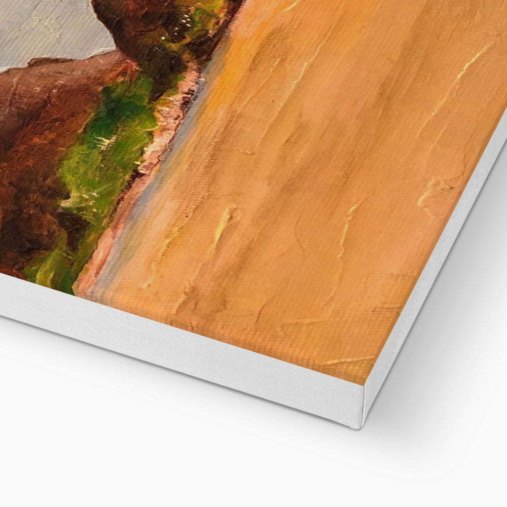 Uig Sands Lewis canvas print of coastal scene with orange sand, green foliage, brown rocky cliffs