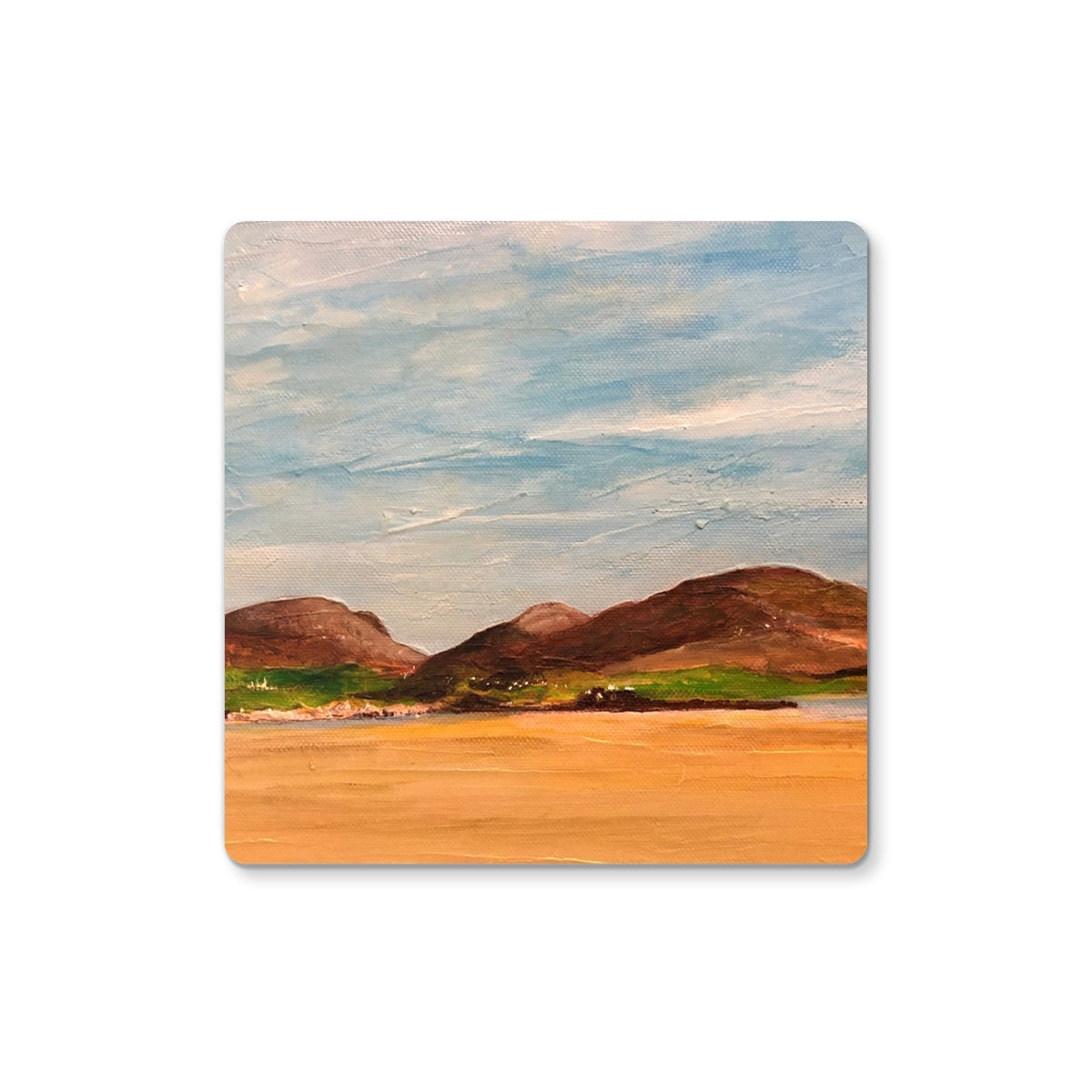 Uig Sands Lewis square coaster with painted brown hills, green grass, and sandy foreground under blue sky