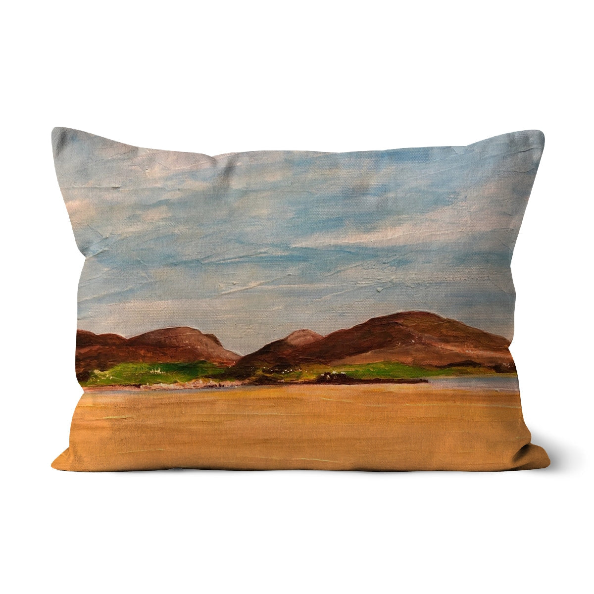 Uig Sands Lewis rectangular cushion with impressionistic brown hills and blue sky