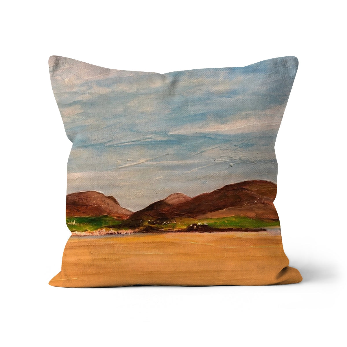 Square Uig Sands Lewis cushion with impressionistic brown hills and blue sky