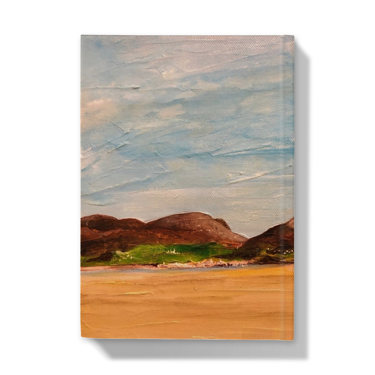 Textured oil painting of Uig Sands Lewis hills in orange sandy foreground, hardback journal cover