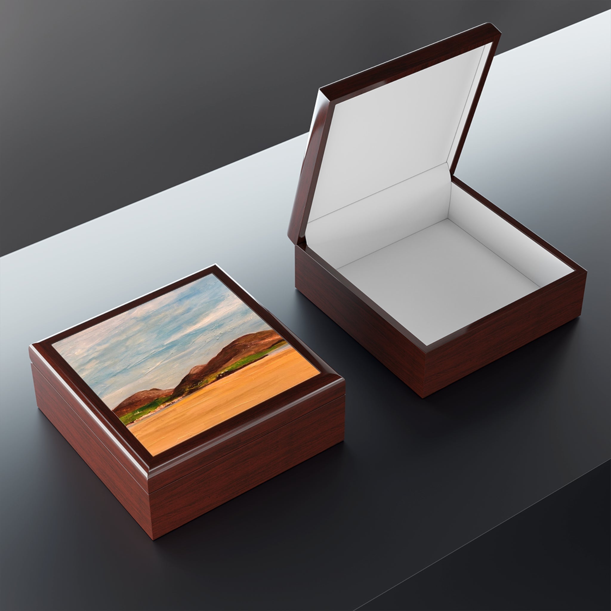 Uig Sands Lewis jewelry box with glossy dark brown finish and desert lid image