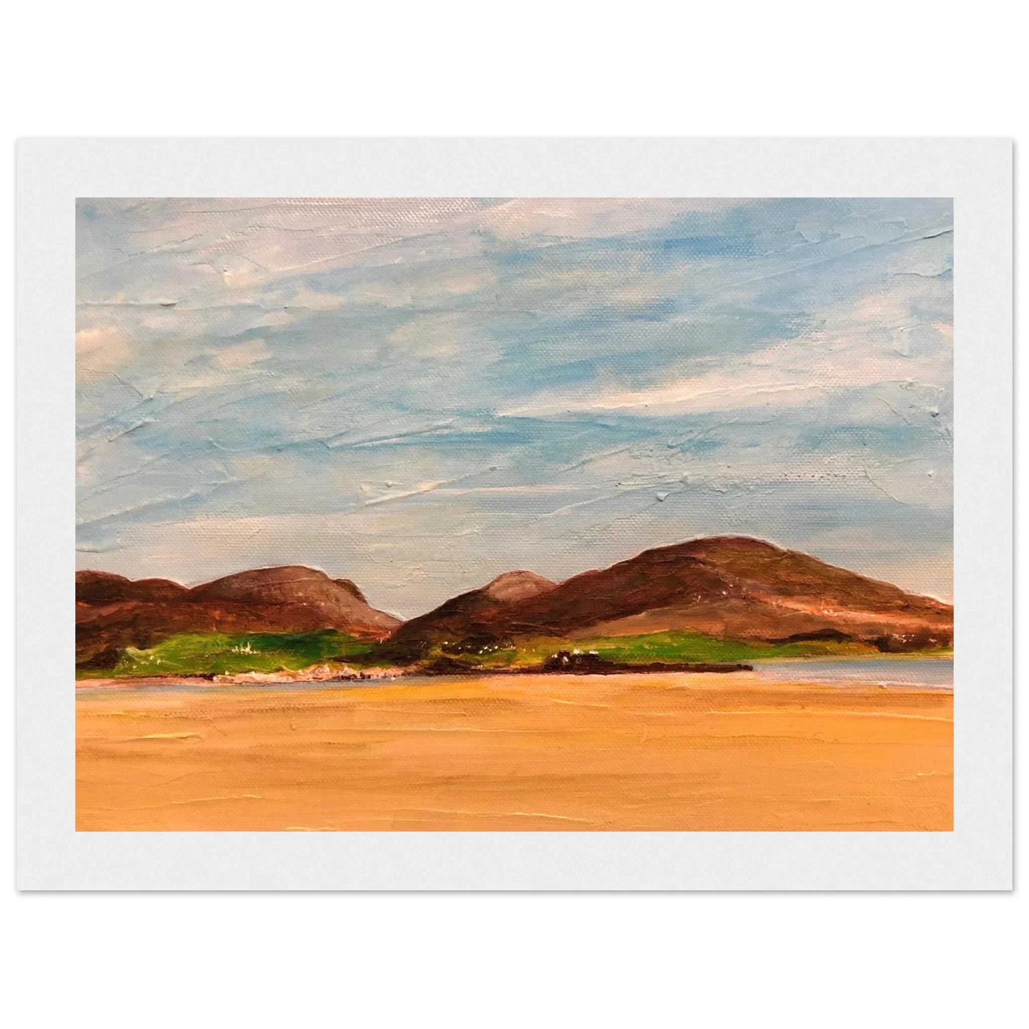 Framed oil painting of serene Uig Sands beach in Lewis, Scotland