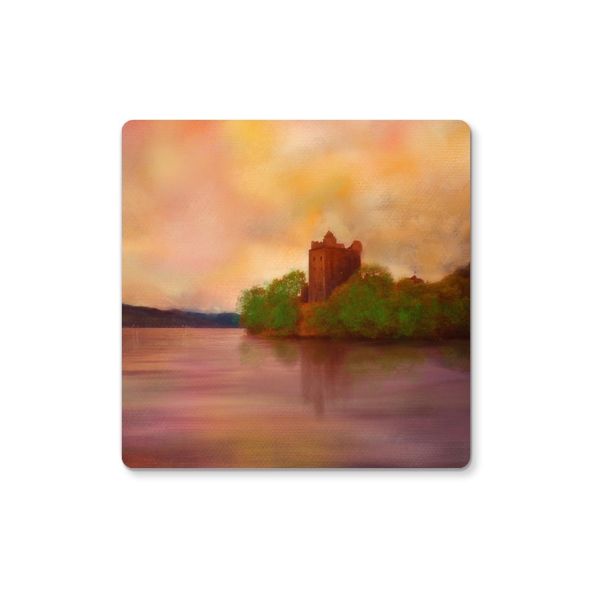 Urquhart Castle Art Gifts Coaster-Coasters-Historic & Iconic Scotland Art Gallery-2 Coasters-Paintings, Prints, Homeware, Art Gifts From Scotland By Scottish Artist Kevin Hunter