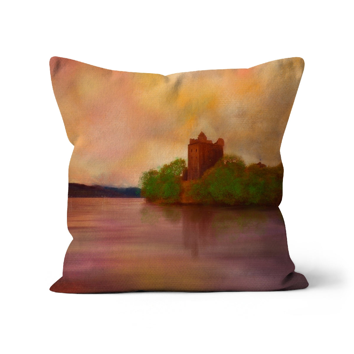 Urquhart Castle Art Gifts Cushion | Historic &amp; Iconic Scotland Art Gallery | Paintings, Prints, Homeware and Art Gifts From Scotland By Scottish Artist Kevin Hunter