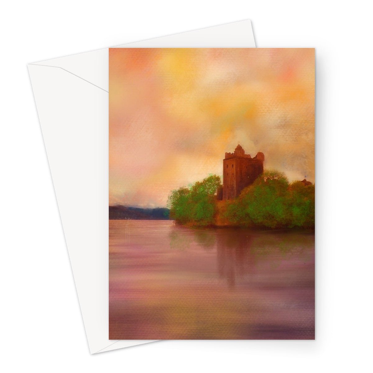 Urquhart Castle Art Gifts Greeting Card-Greetings Cards-Historic & Iconic Scotland Art Gallery-A5 Portrait-1 Card-Paintings, Prints, Homeware, Art Gifts From Scotland By Scottish Artist Kevin Hunter