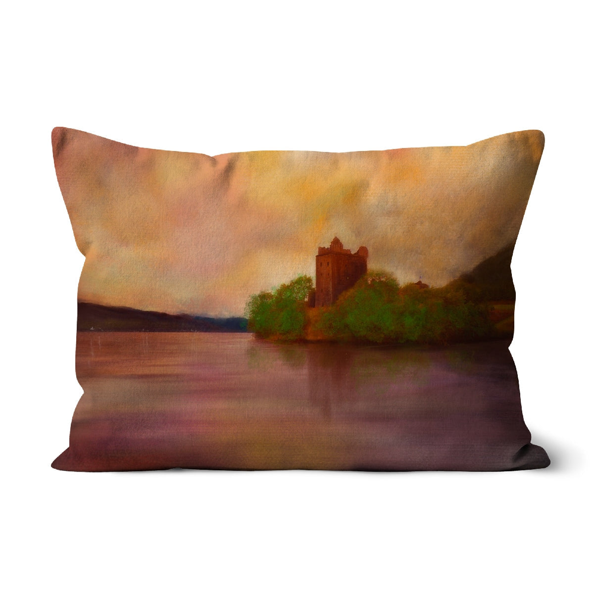 Rectangular decorative throw pillow with oil painting of Urquhart Castle by a lake at sunset