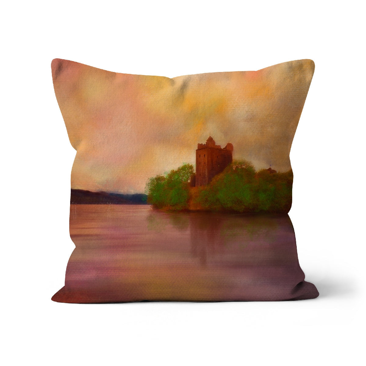 Urquhart Castle Dusk Cushion with artistic castle by lake sunset design