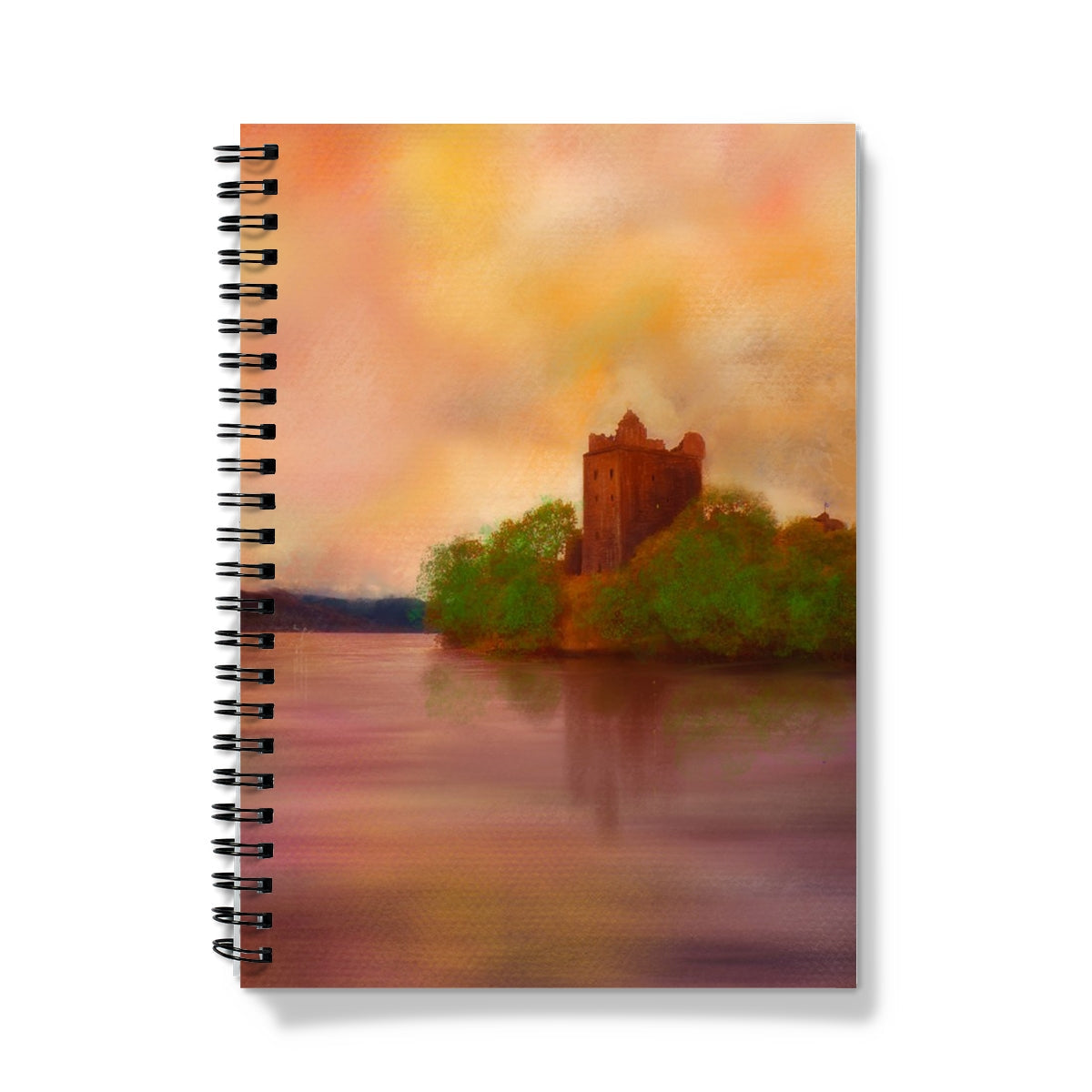 Spiral-bound Urquhart Castle Dusk Notebook with impressionistic castle by a lake cover