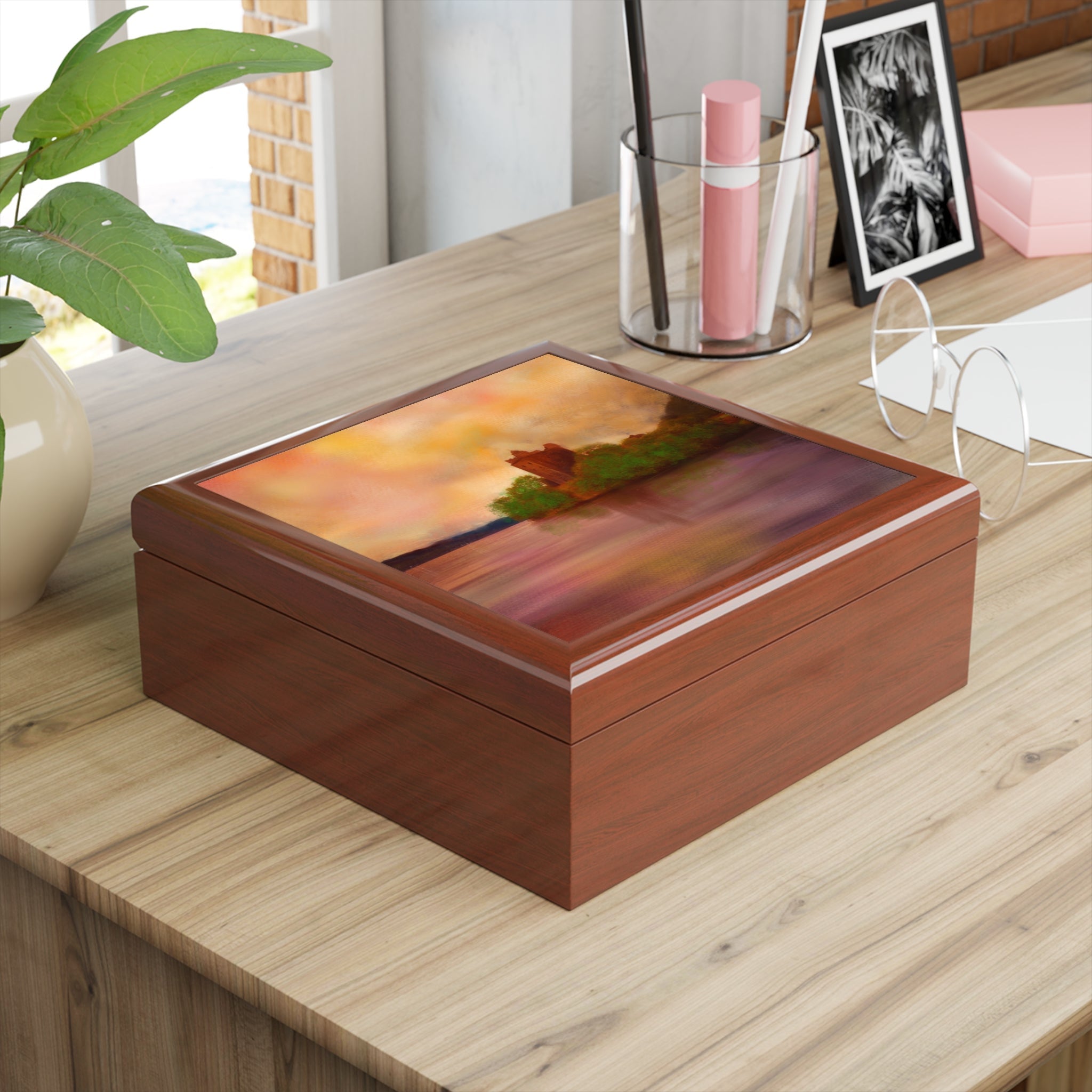 Rectangular wooden Urquhart Castle jewellery box with vibrant abstract painted lid