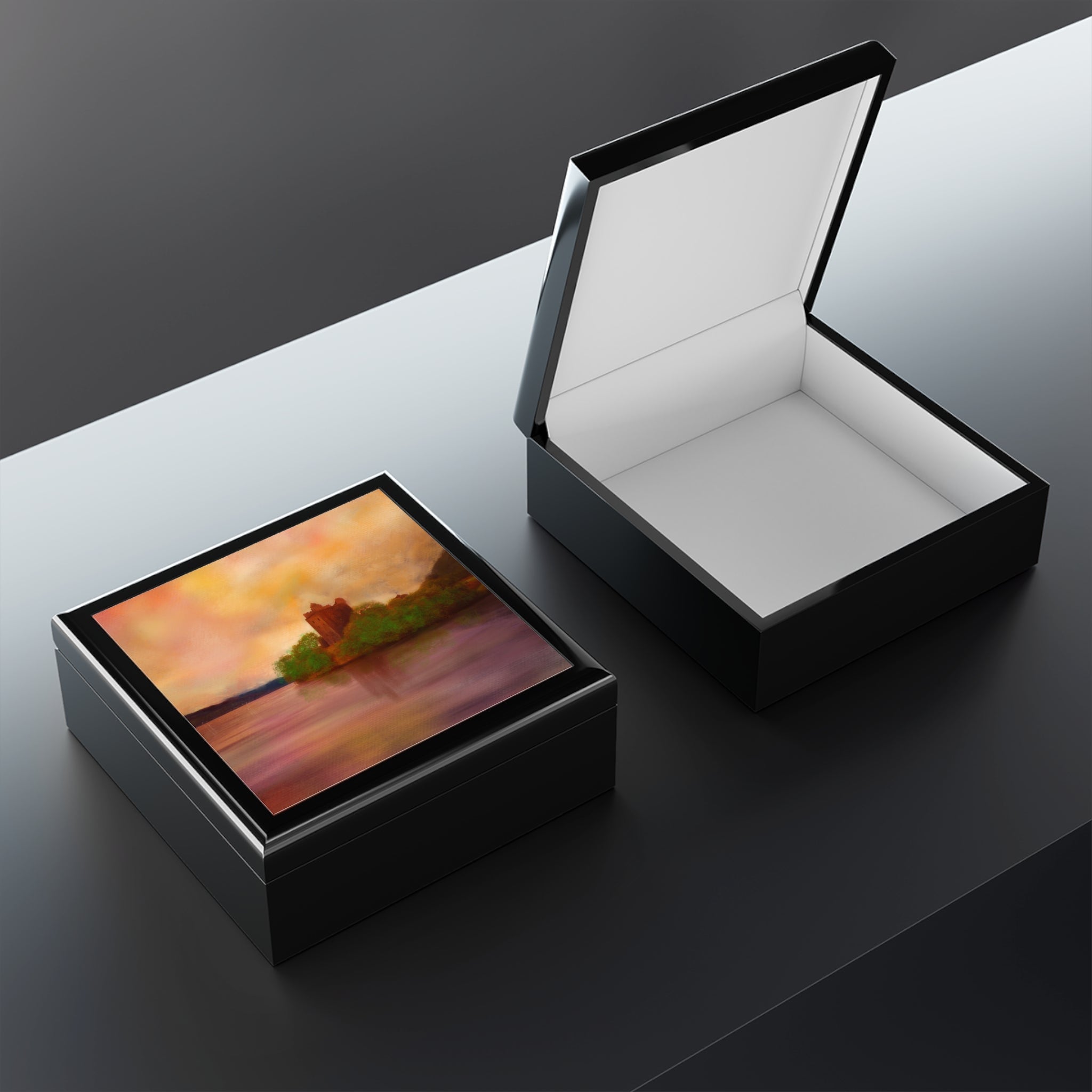 Black wooden Urquhart Castle jewellery box with landscape painting and white interior