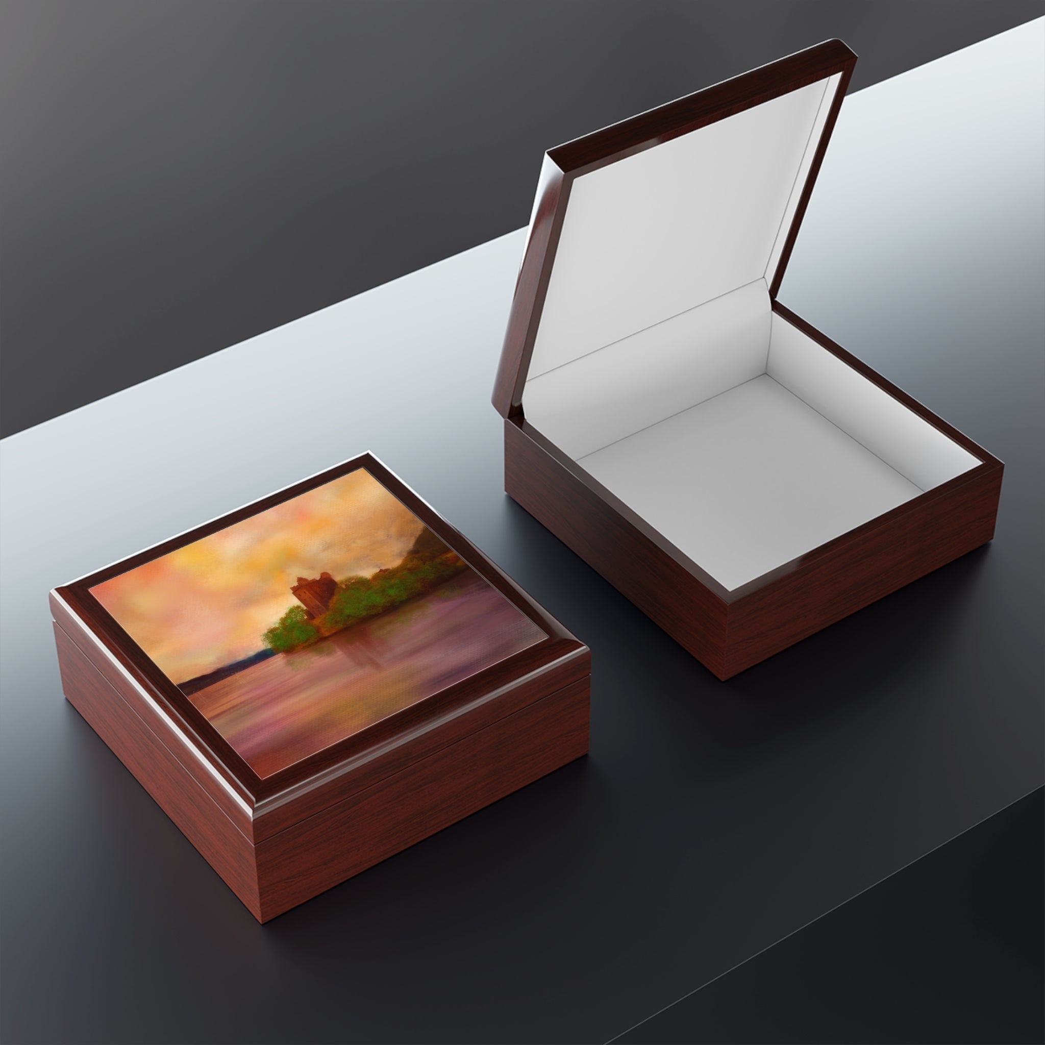 Brown wooden Urquhart Castle jewellery box with painted lid and white interior lining