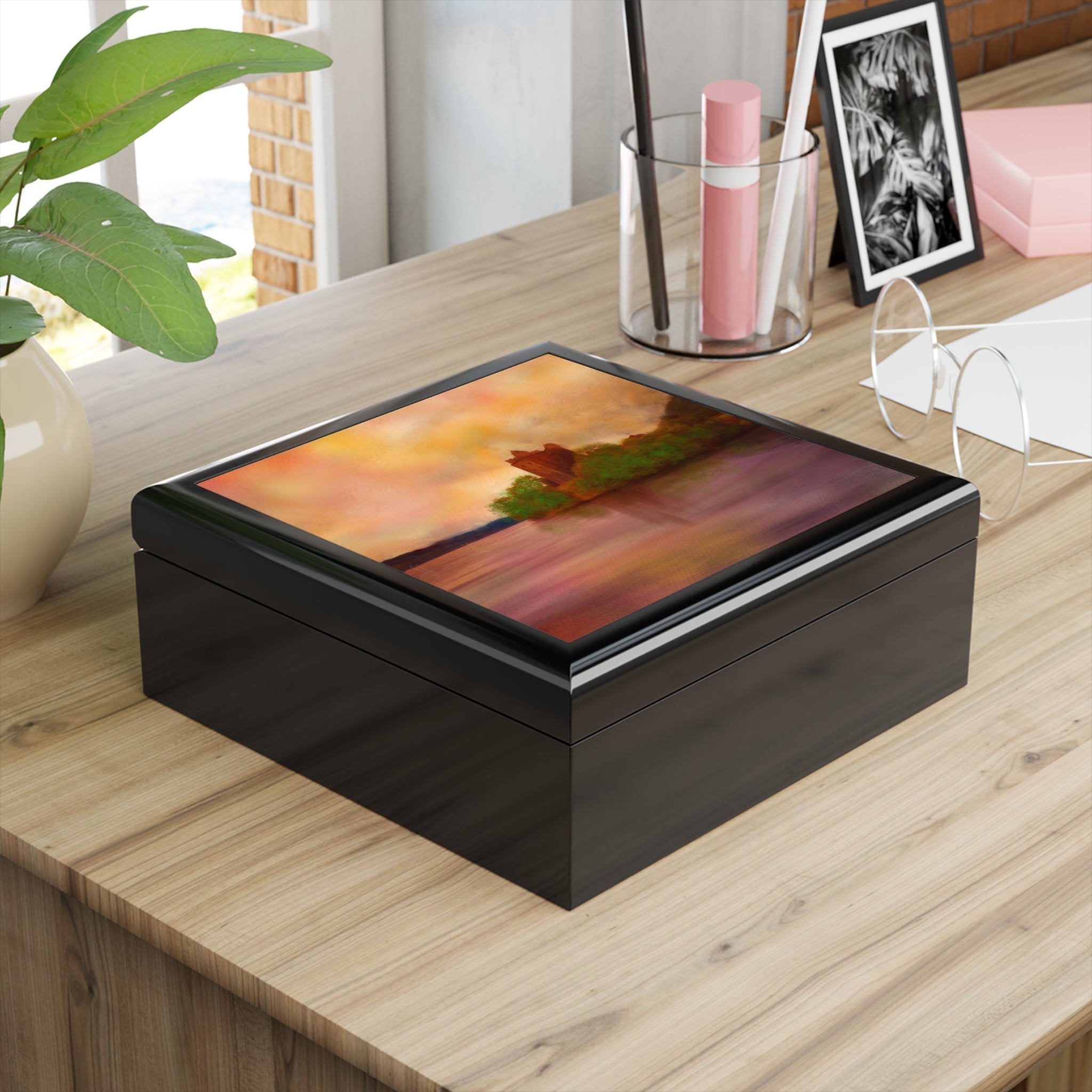 Black wooden keepsake box with vibrant abstract landscape painting on lid Scotland Urquhart Castle jewelry storage