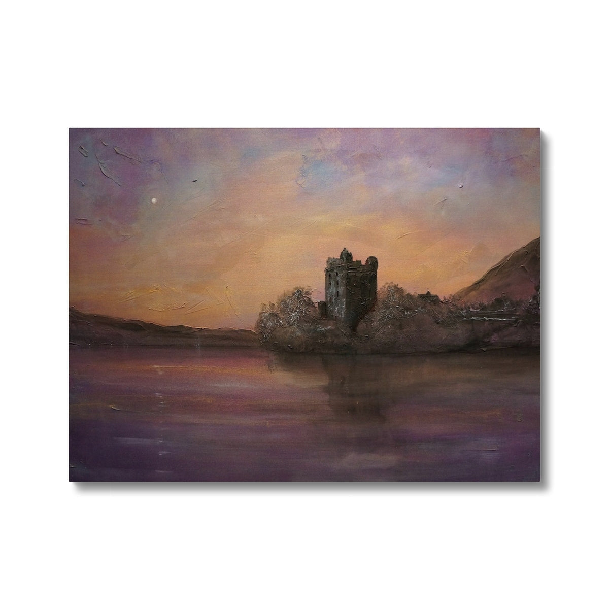 A painting of a castle by a lake at sunset.