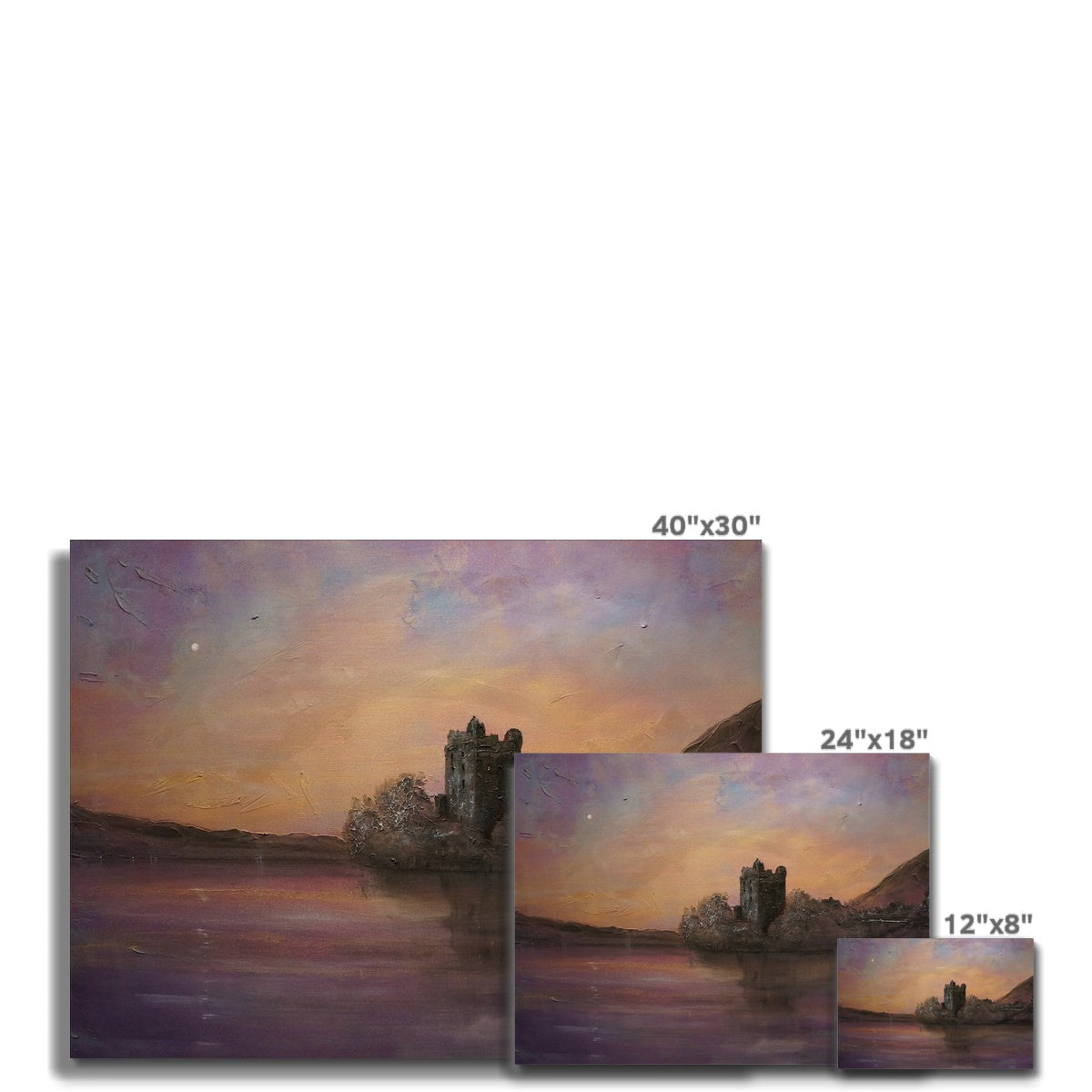 Three canvas prints of a castle by a lake at sunset.