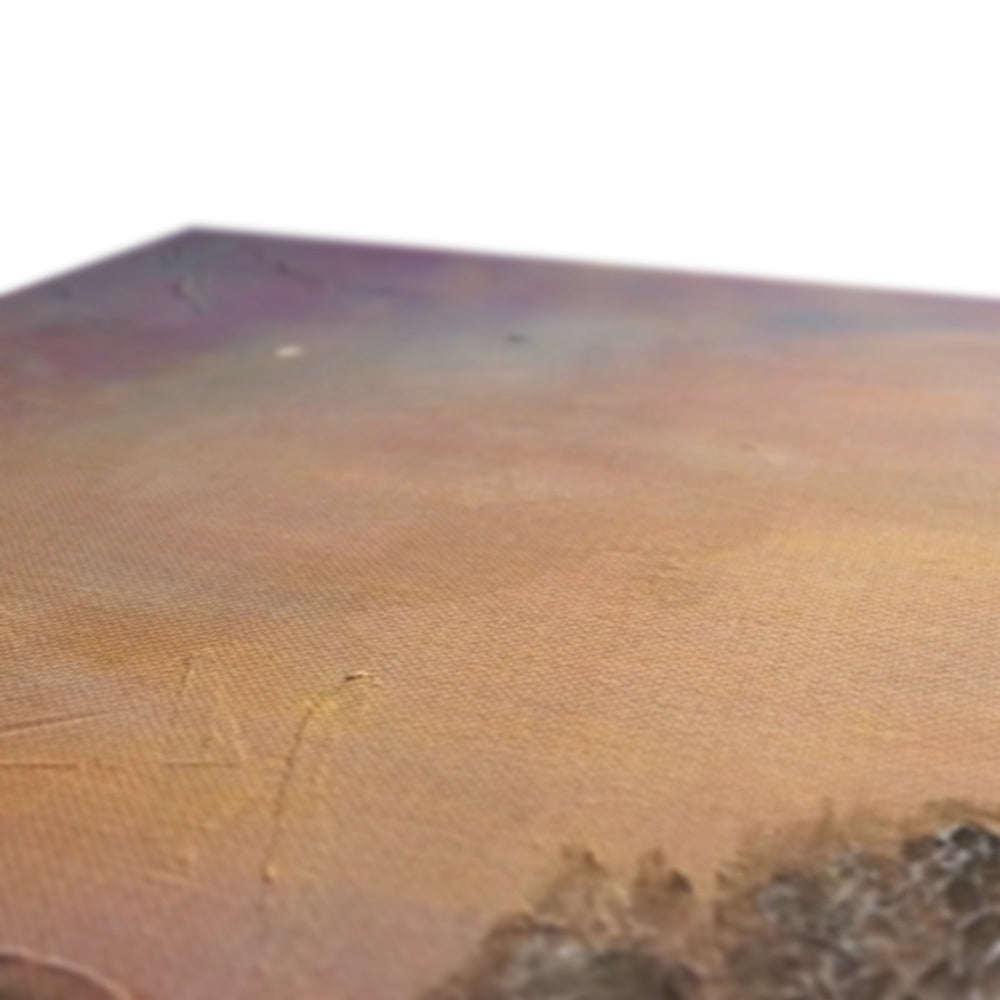 A textured, abstract painting with warm, earthy tones and hints of purple.