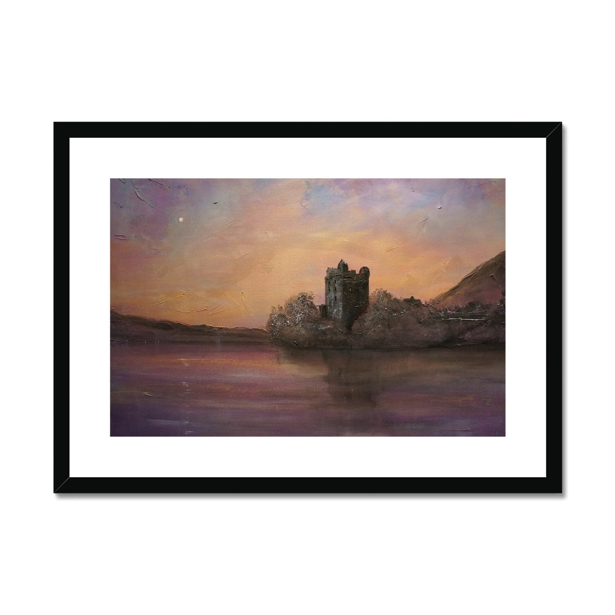 Framed oil painting of Urquhart Castle on a lake at sunset for Urquhart Castle Moonlight print
