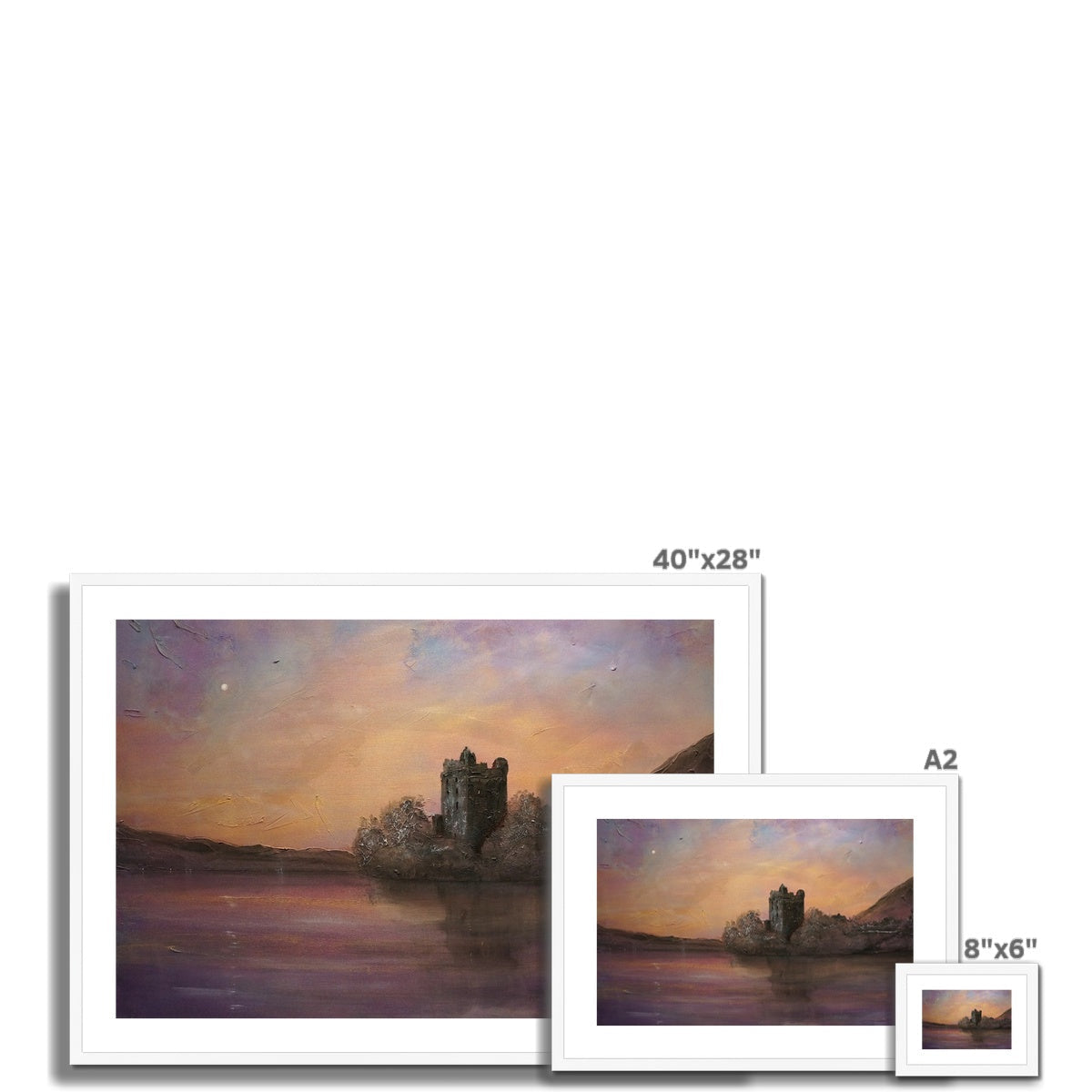 Urquhart Castle Moonlight framed and mounted print featuring three landscape paintings at sunset