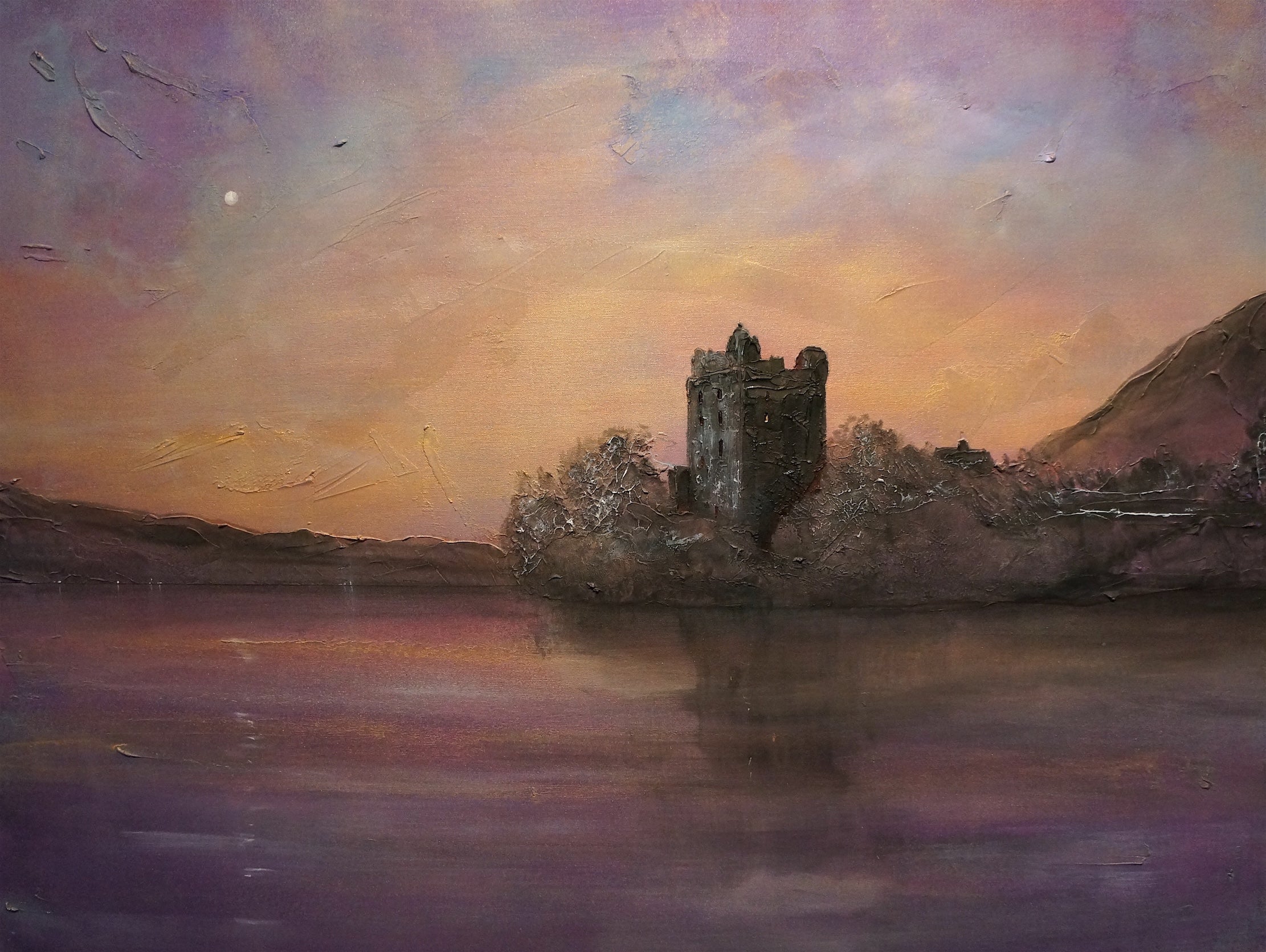 Urquhart Castle Moonlight Scottish Landscape Painting showing a stone castle reflected in a lake at dusk