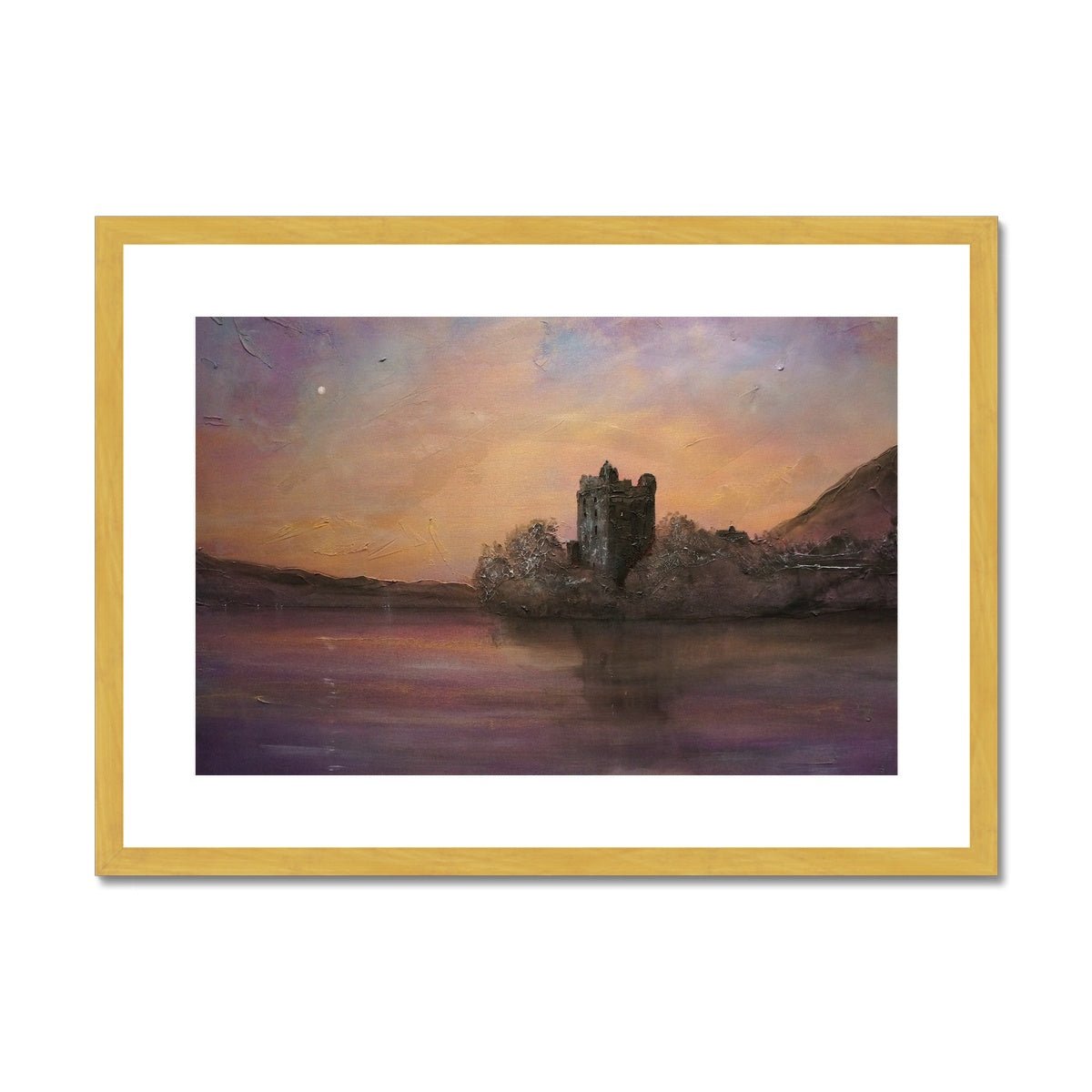 Urquhart Castle Moonlight Painting | Antique Framed & Mounted Prints From Scotland-Antique Framed & Mounted Prints-Historic & Iconic Scotland Art Gallery-A2 Landscape-Gold Frame-Paintings, Prints, Homeware, Art Gifts From Scotland By Scottish Artist Kevin Hunter