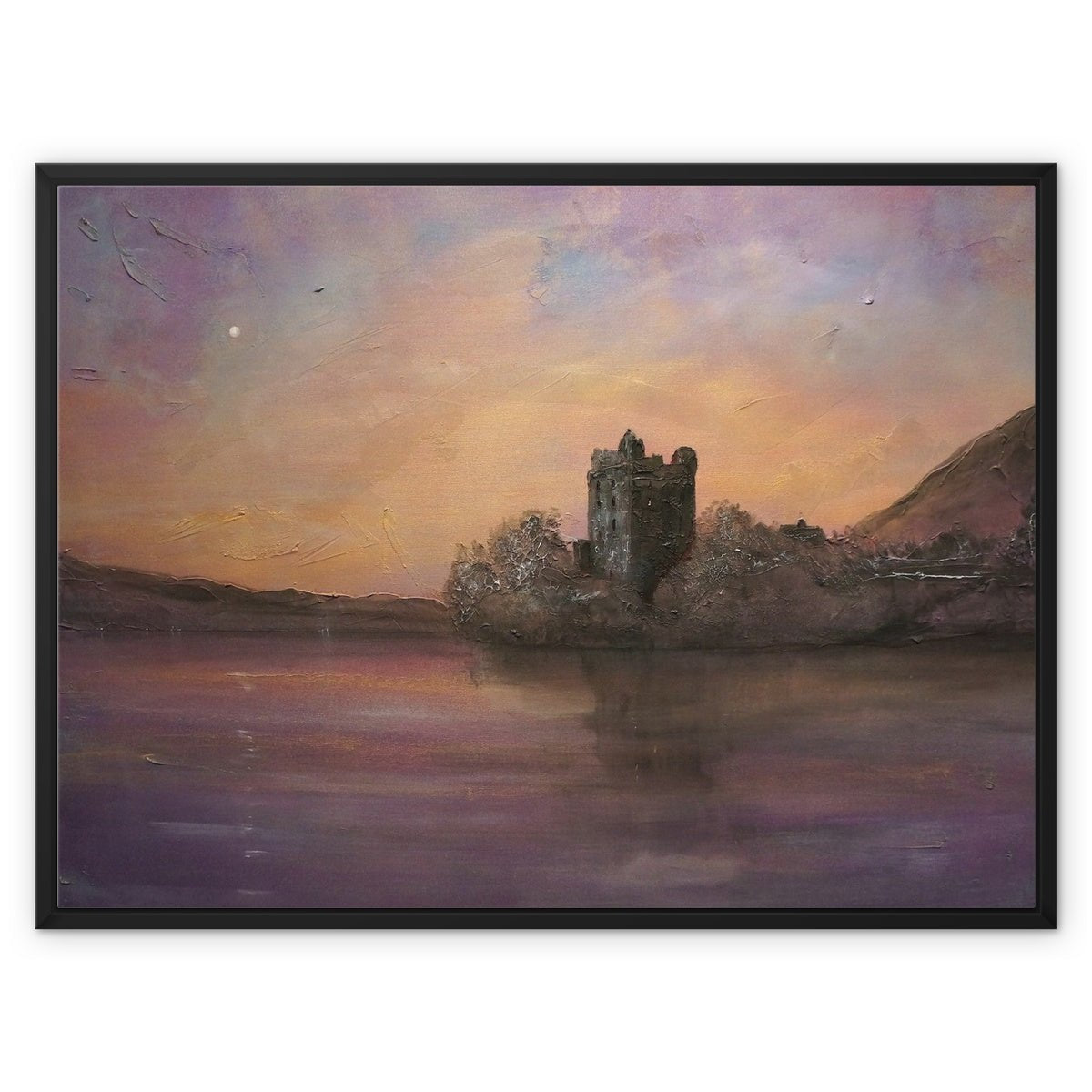 Urquhart Castle Moonlight Painting | Framed Canvas From Scotland-Floating Framed Canvas Prints-Historic & Iconic Scotland Art Gallery-32"x24"-Black Frame-Paintings, Prints, Homeware, Art Gifts From Scotland By Scottish Artist Kevin Hunter