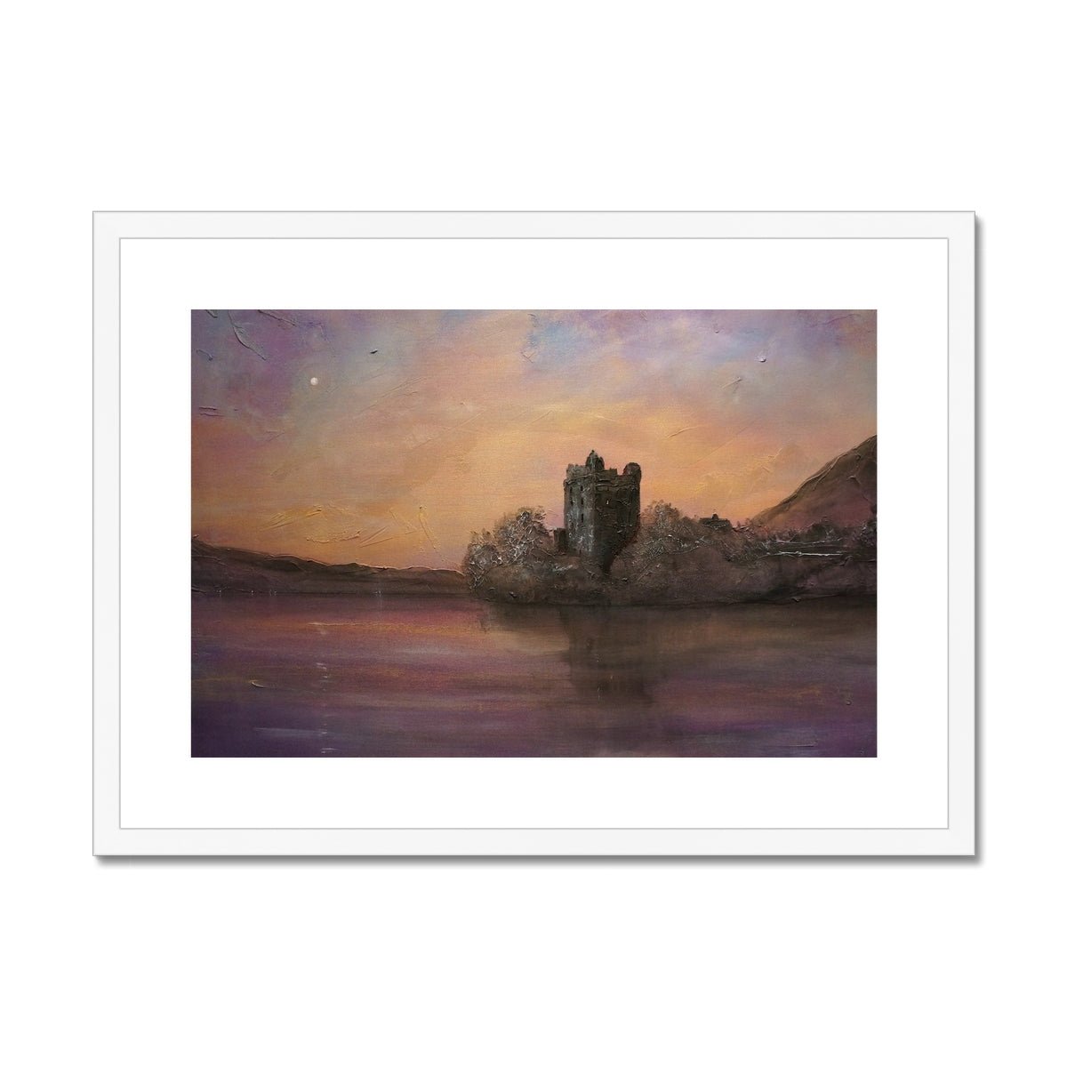 Urquhart Castle Moonlight Painting | Framed & Mounted Prints From Scotland-Framed & Mounted Prints-Historic & Iconic Scotland Art Gallery-A2 Landscape-White Frame-Paintings, Prints, Homeware, Art Gifts From Scotland By Scottish Artist Kevin Hunter