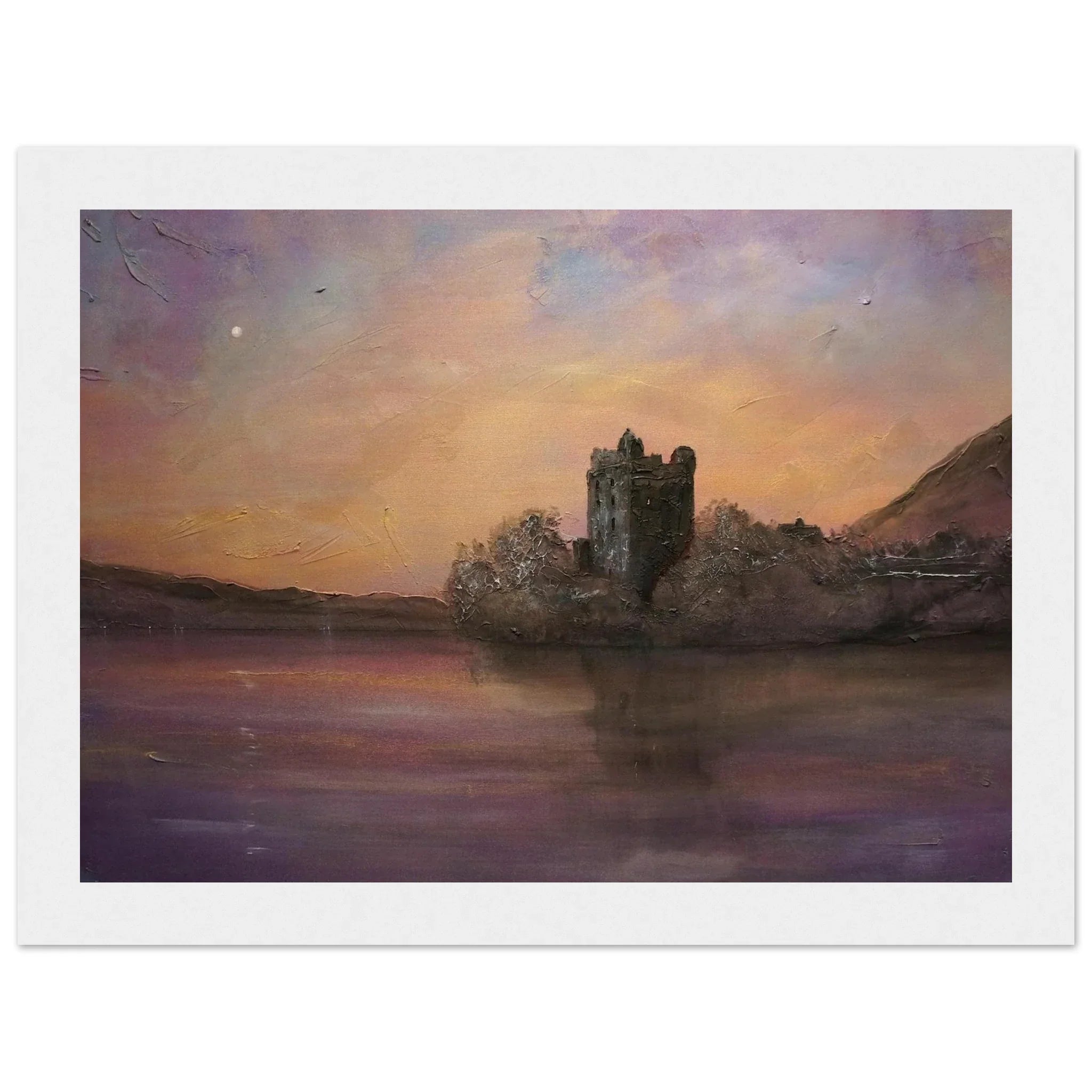 Urquhart Castle tower in moonlight, textured oil painting of Scottish island twilight