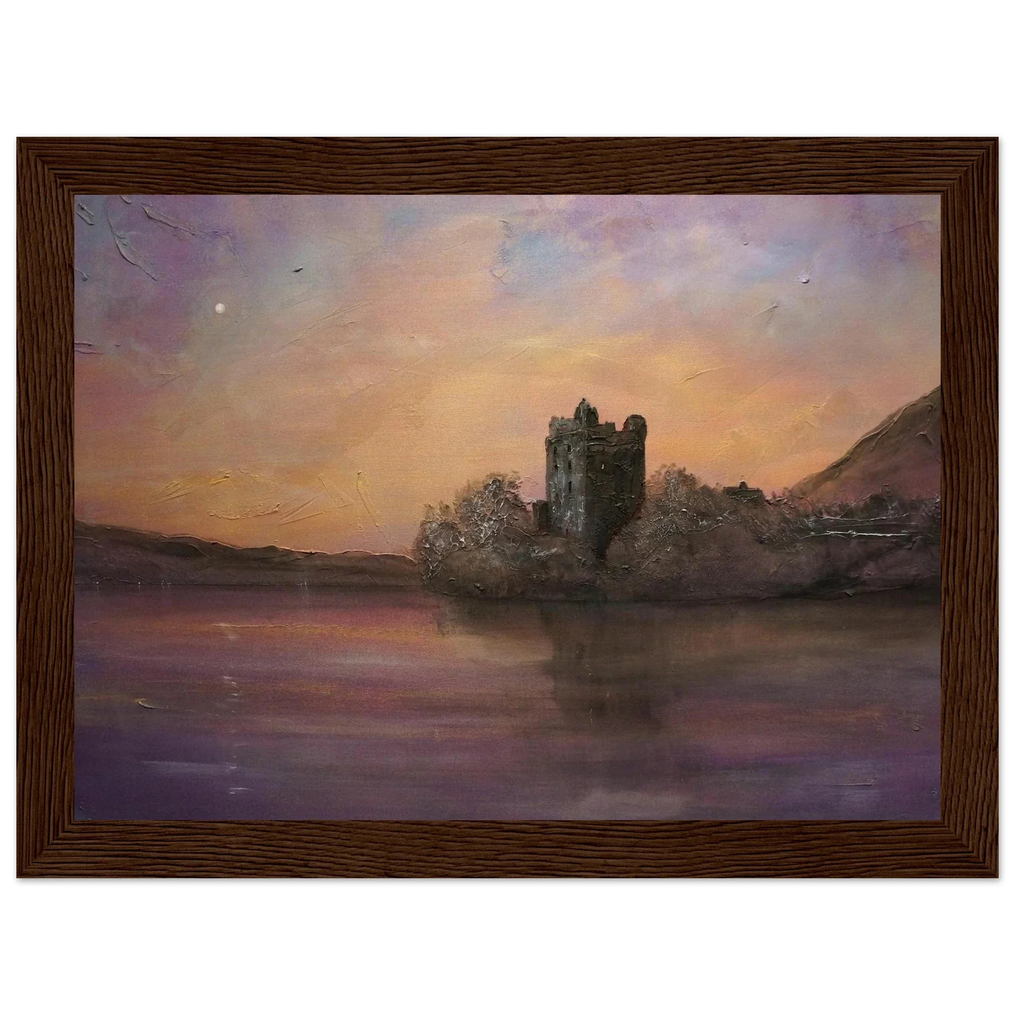 Framed Urquhart Castle painting at dusk with purple orange sky reflection