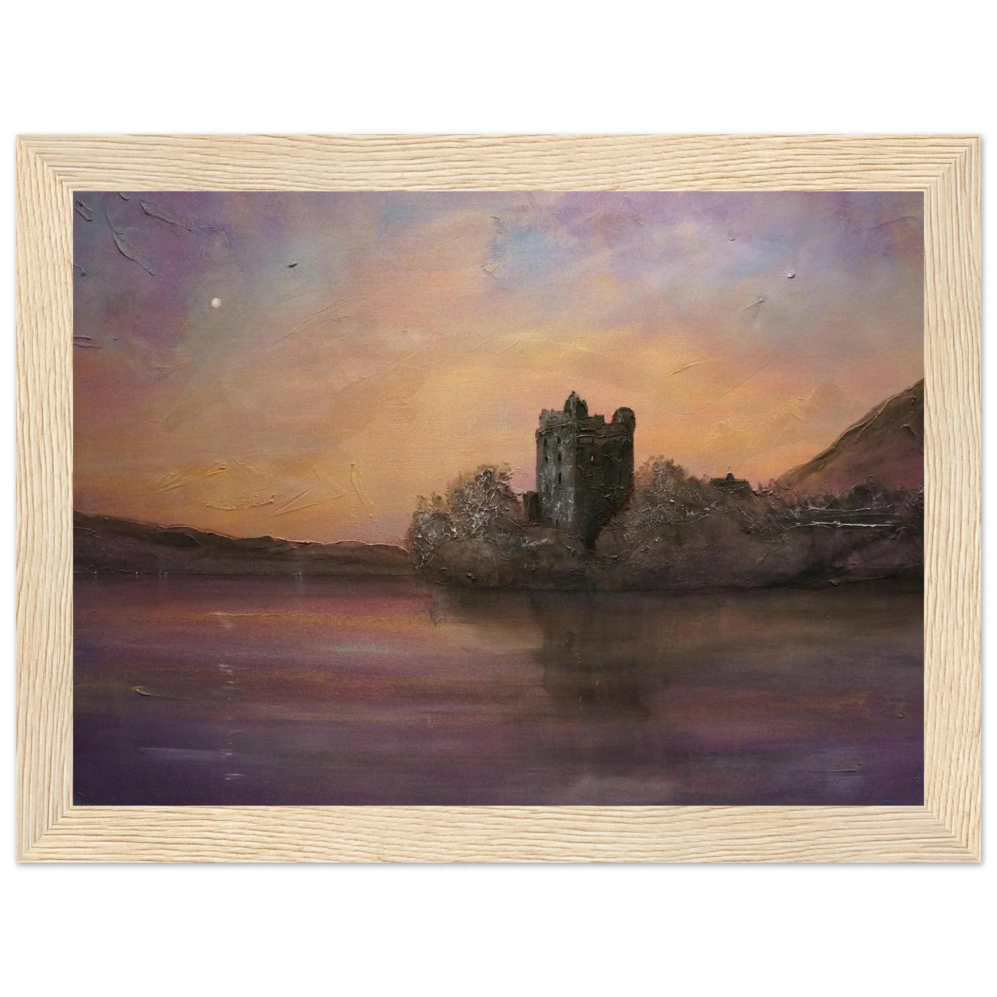 Urquhart Castle at sunset on island, textured painting in warm hues