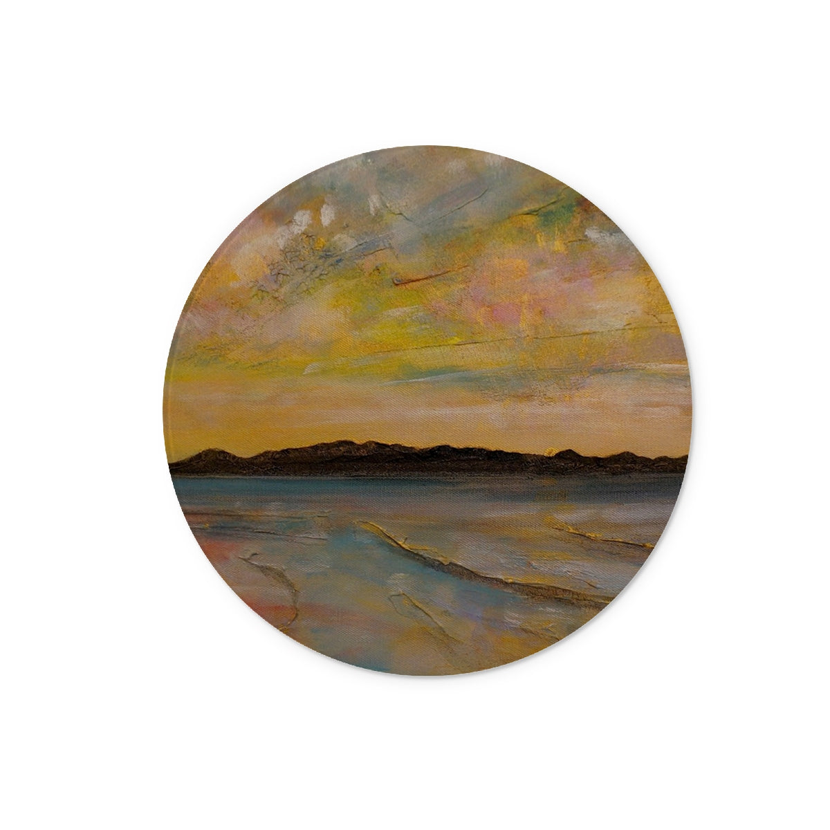 Vallay Island North Uist Art Gifts Glass Chopping Board-Glass Chopping Boards-Hebridean Islands Art Gallery-12" Round-Paintings, Prints, Homeware, Art Gifts From Scotland By Scottish Artist Kevin Hunter