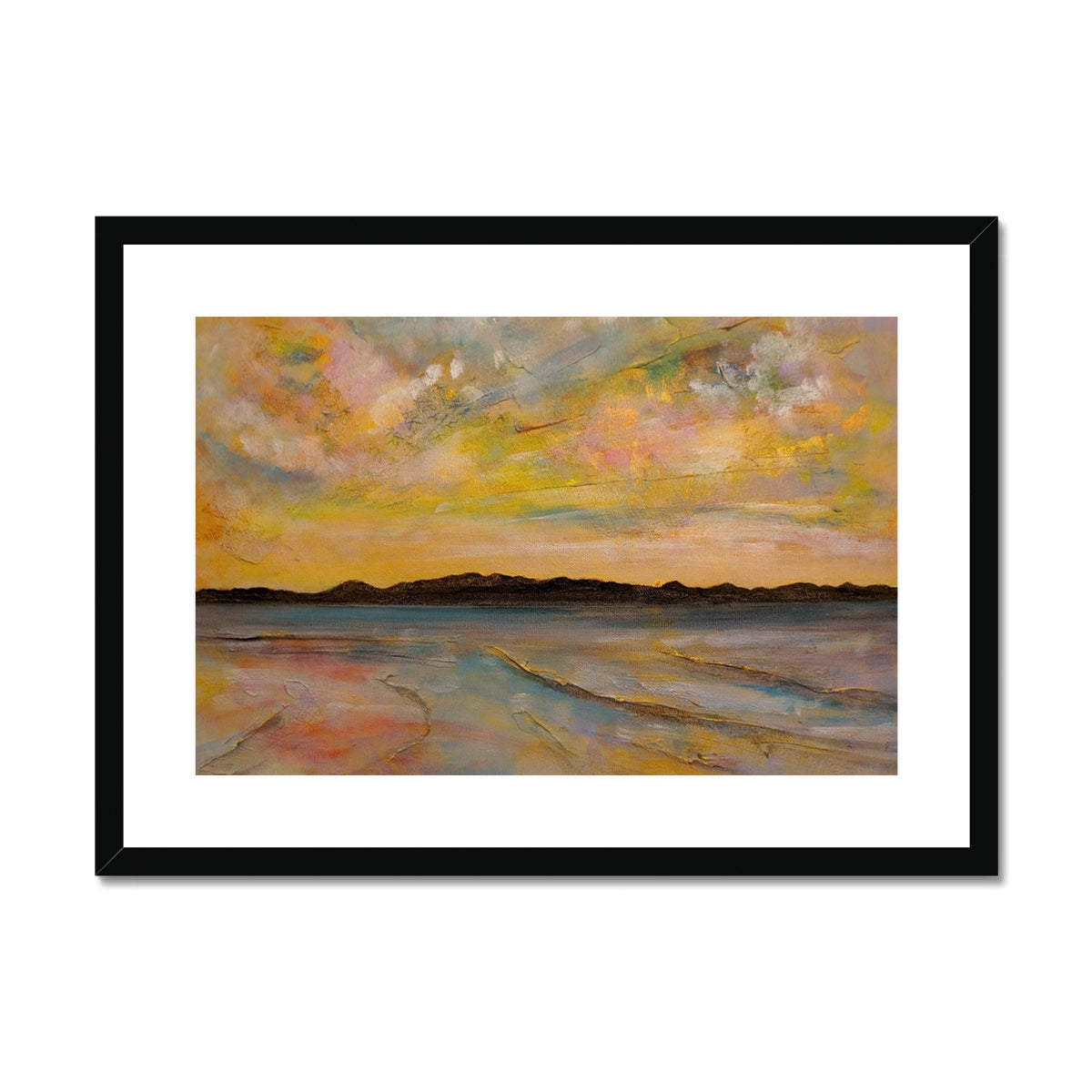 Vallay Island North Uist black framed abstract art print in orange yellow hues