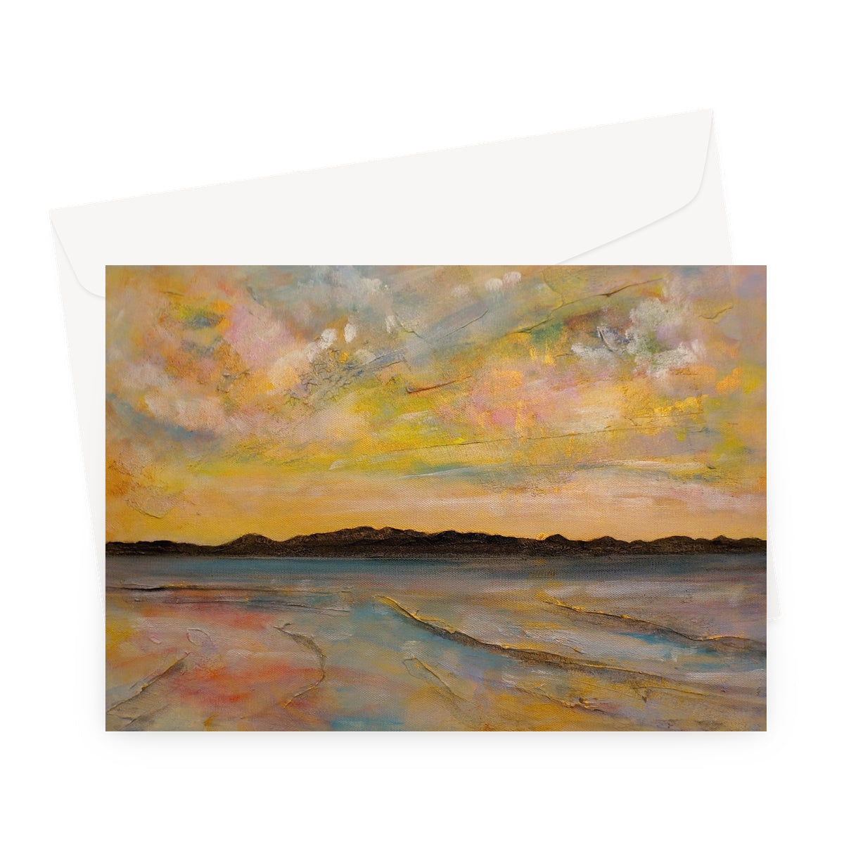 Vallay Island North Uist greeting card with pastel sunset ocean abstract