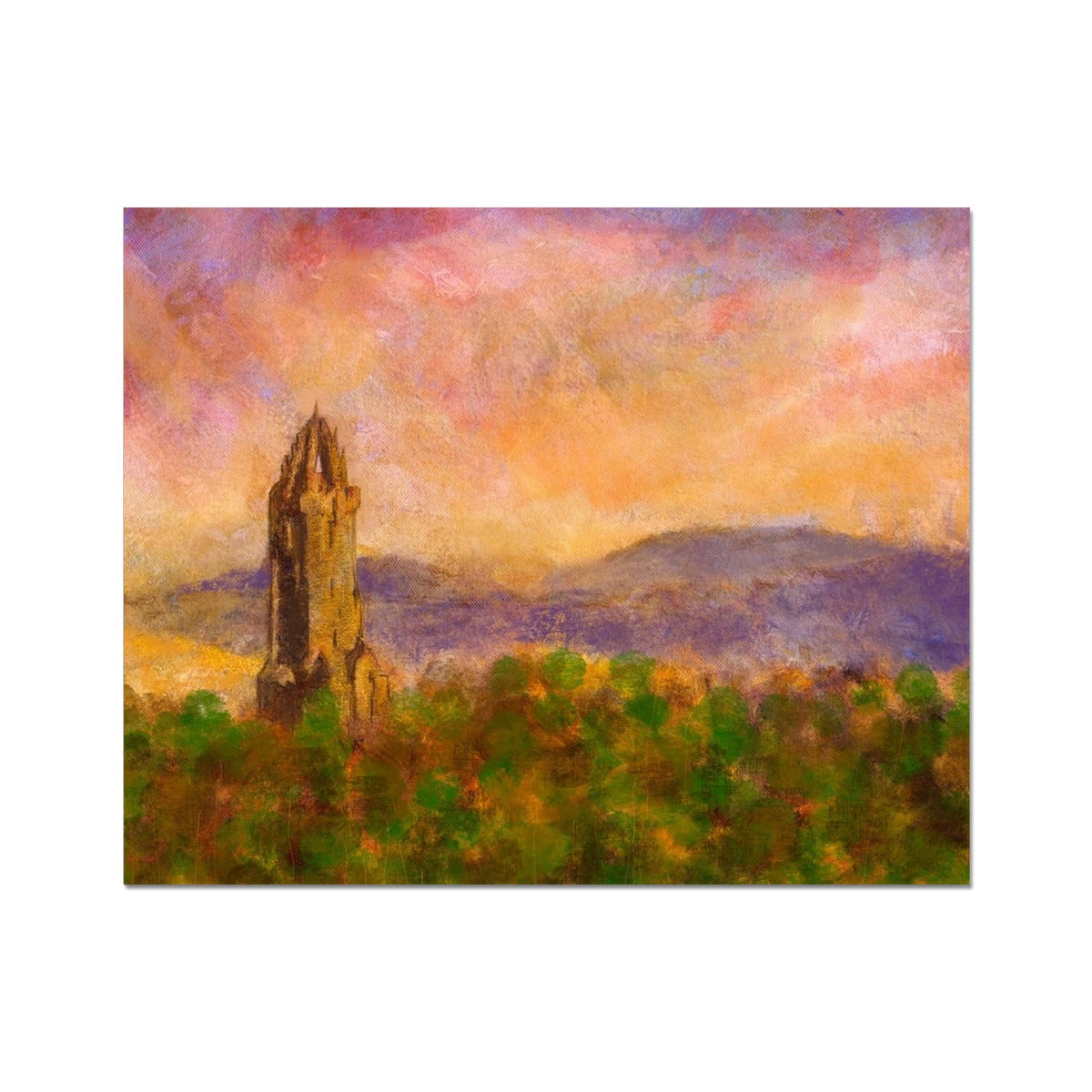 Pink and purple Wallace Monument dusk painting with green trees