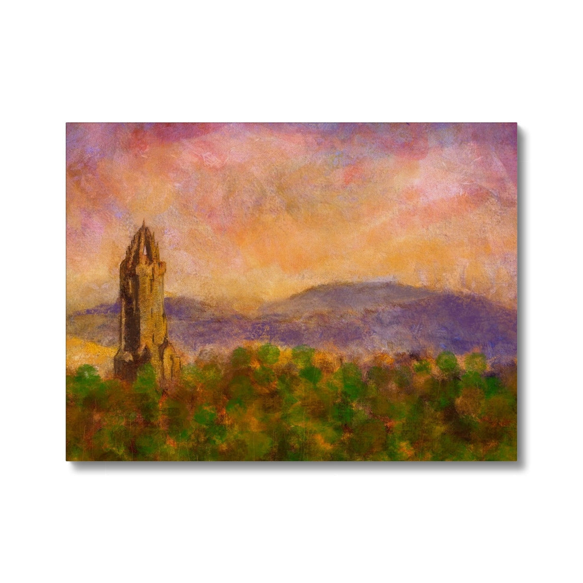 Impressionistic landscape painting of Wallace Monument at dusk with rolling hills and colorful sky