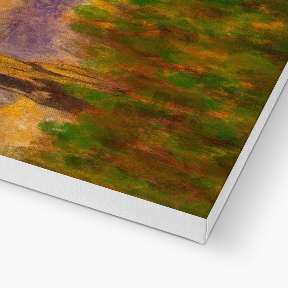 Vibrant abstract painting on white canvas featured in Wallace Monument Dusk Canvas artwork