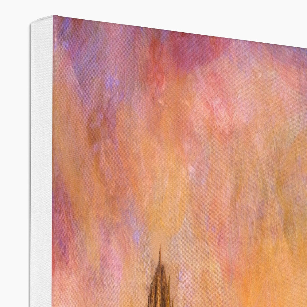 Vibrantly colored abstract canvas painting with visible brushstrokes and white border displayed in Wallace Monument Dusk Canvas