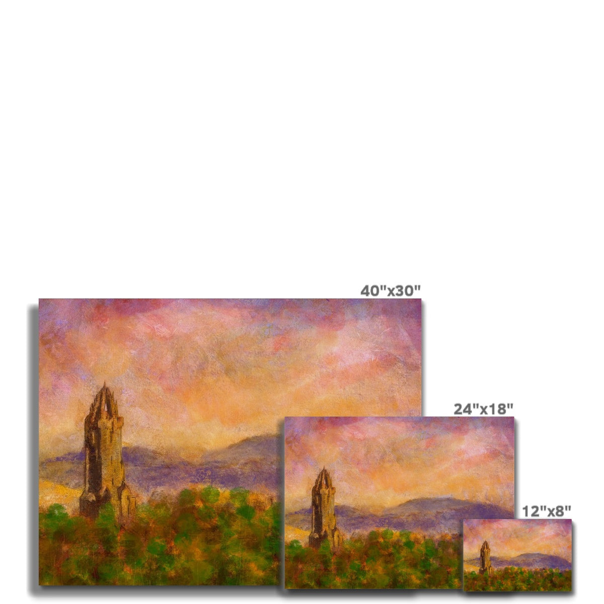 Three Wallace Monument Dusk Canvas prints showcasing a scenic landscape artwork