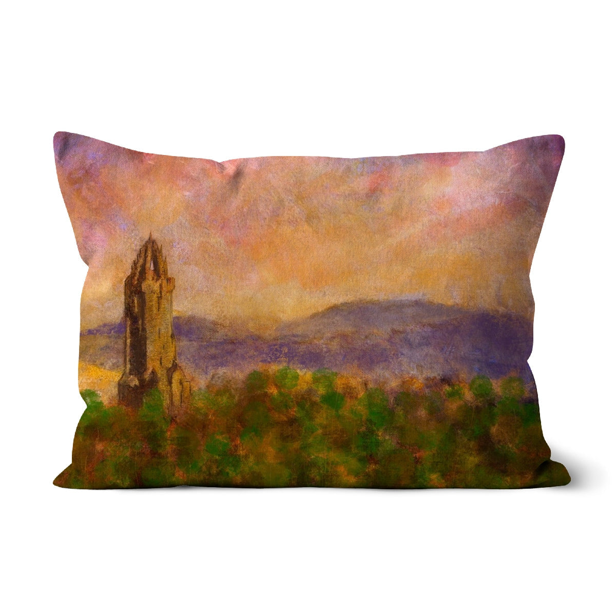 Rectangular Wallace Monument Dusk Cushion with painted landscape and tower design