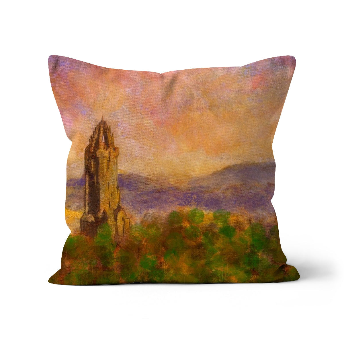 Square throw pillow with painterly landscape design of Wallace Monument and rolling hills