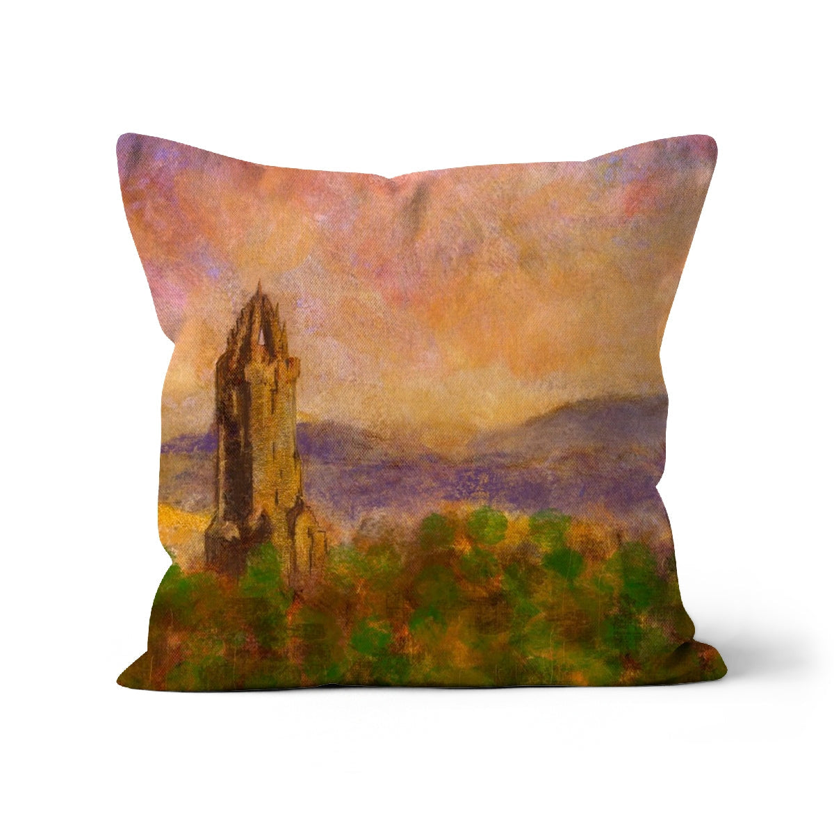 Decorative pillow featuring impressionistic landscape painting for Wallace Monument Dusk Cushion