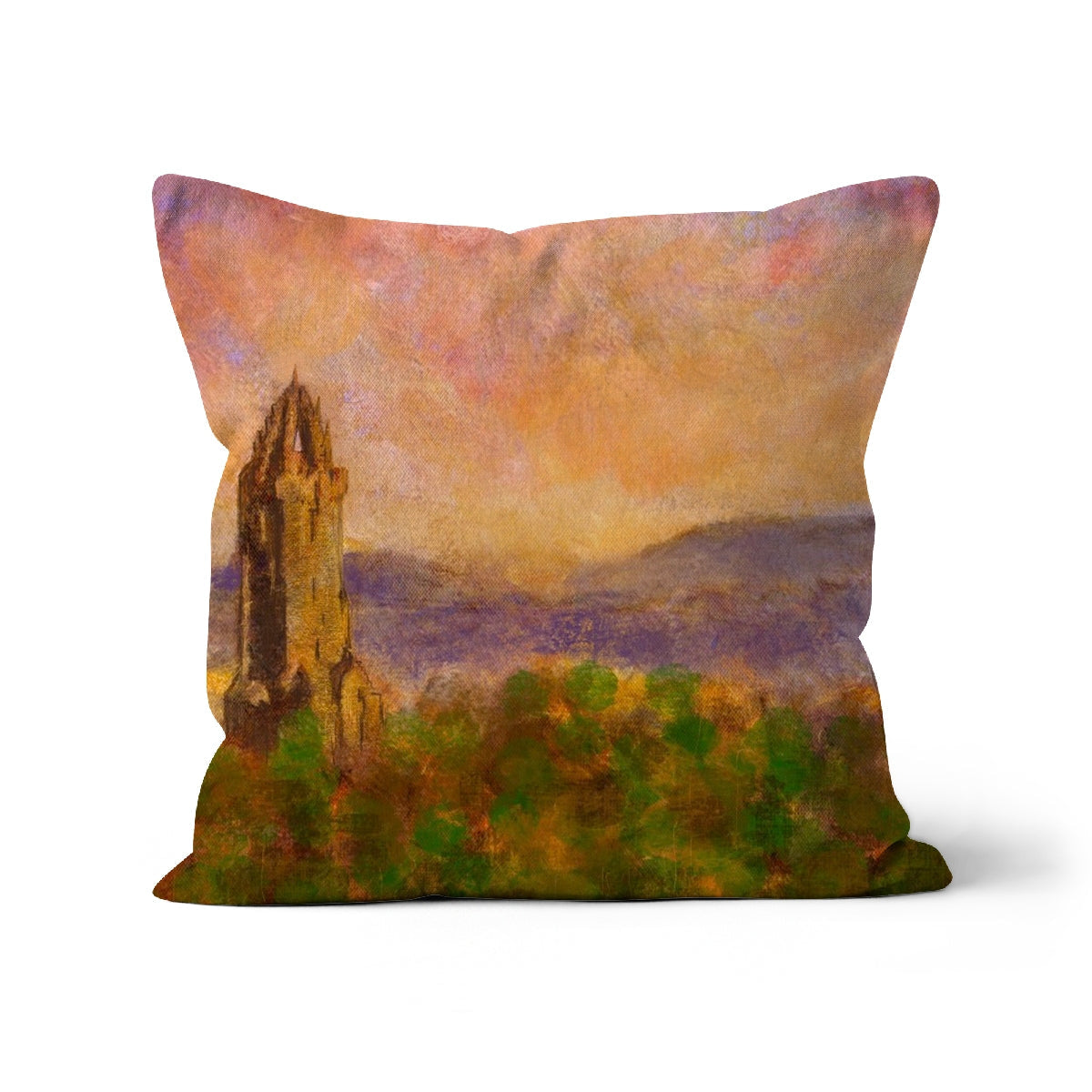 Decorative Wallace Monument Dusk Cushion with painterly landscape and tower design