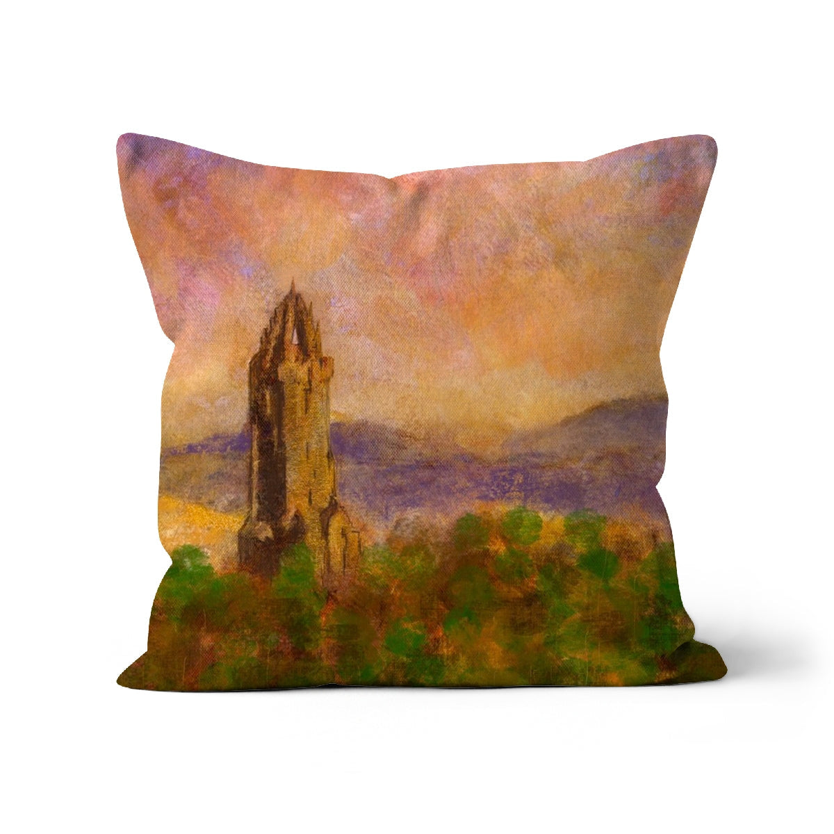 Decorative Wallace Monument Dusk Cushion with painterly landscape and prominent tower