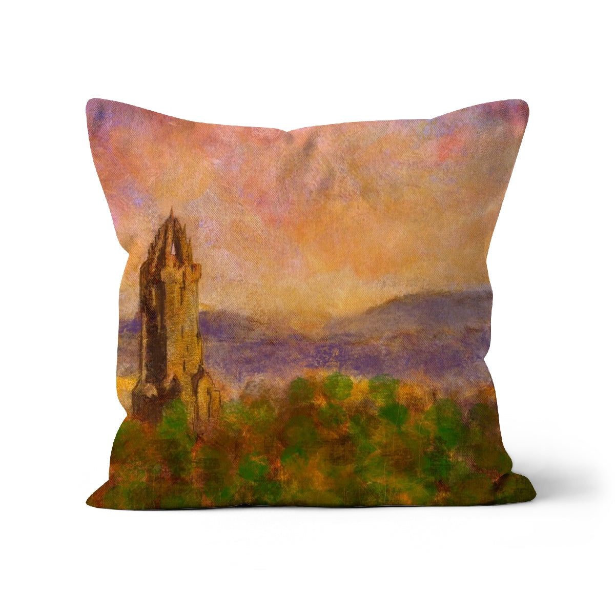 Square Wallace Monument Dusk Cushion with impressionistic painting of a tower in landscape