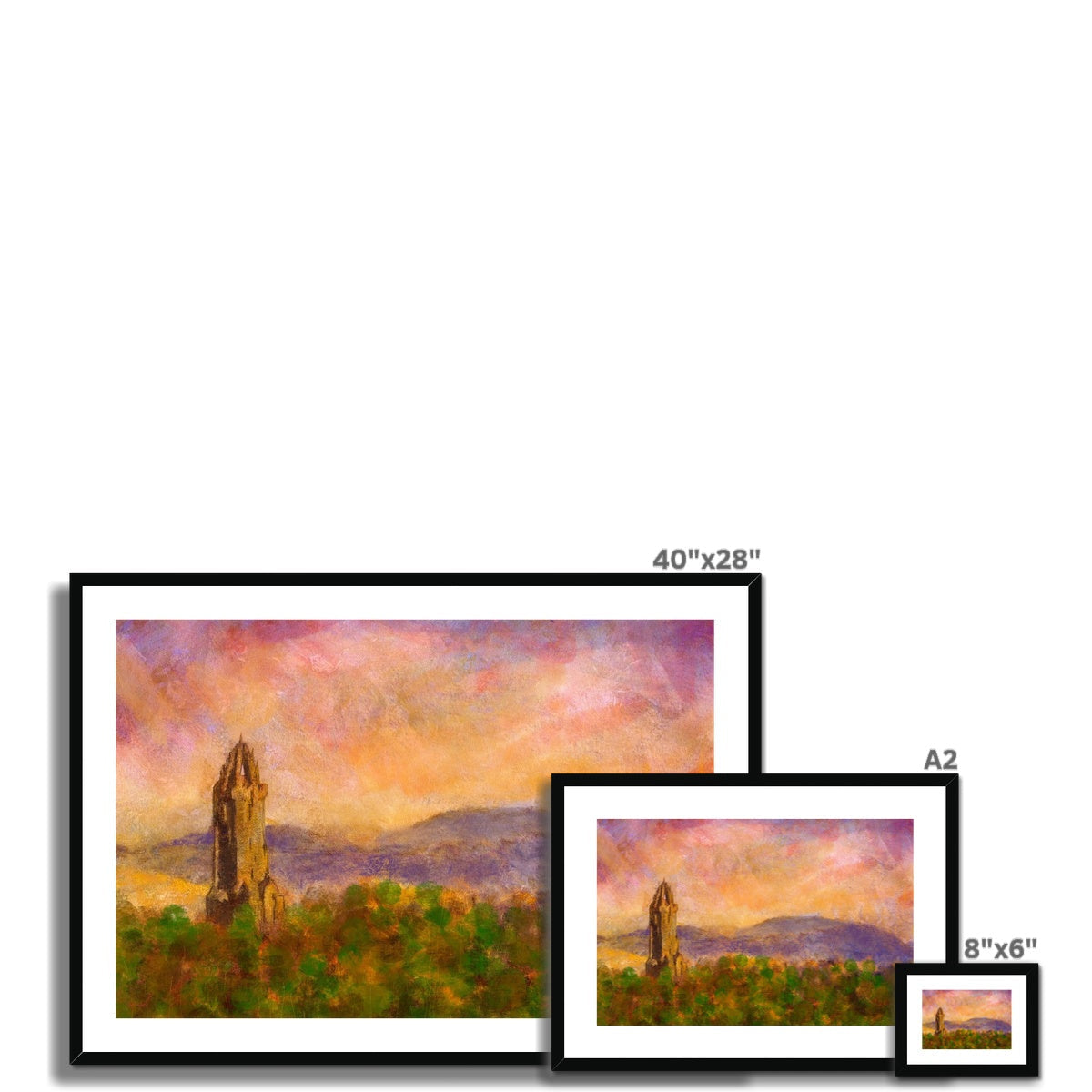 Set of three framed landscape prints of Wallace Monument at sunset for Wallance Monument Dusk product