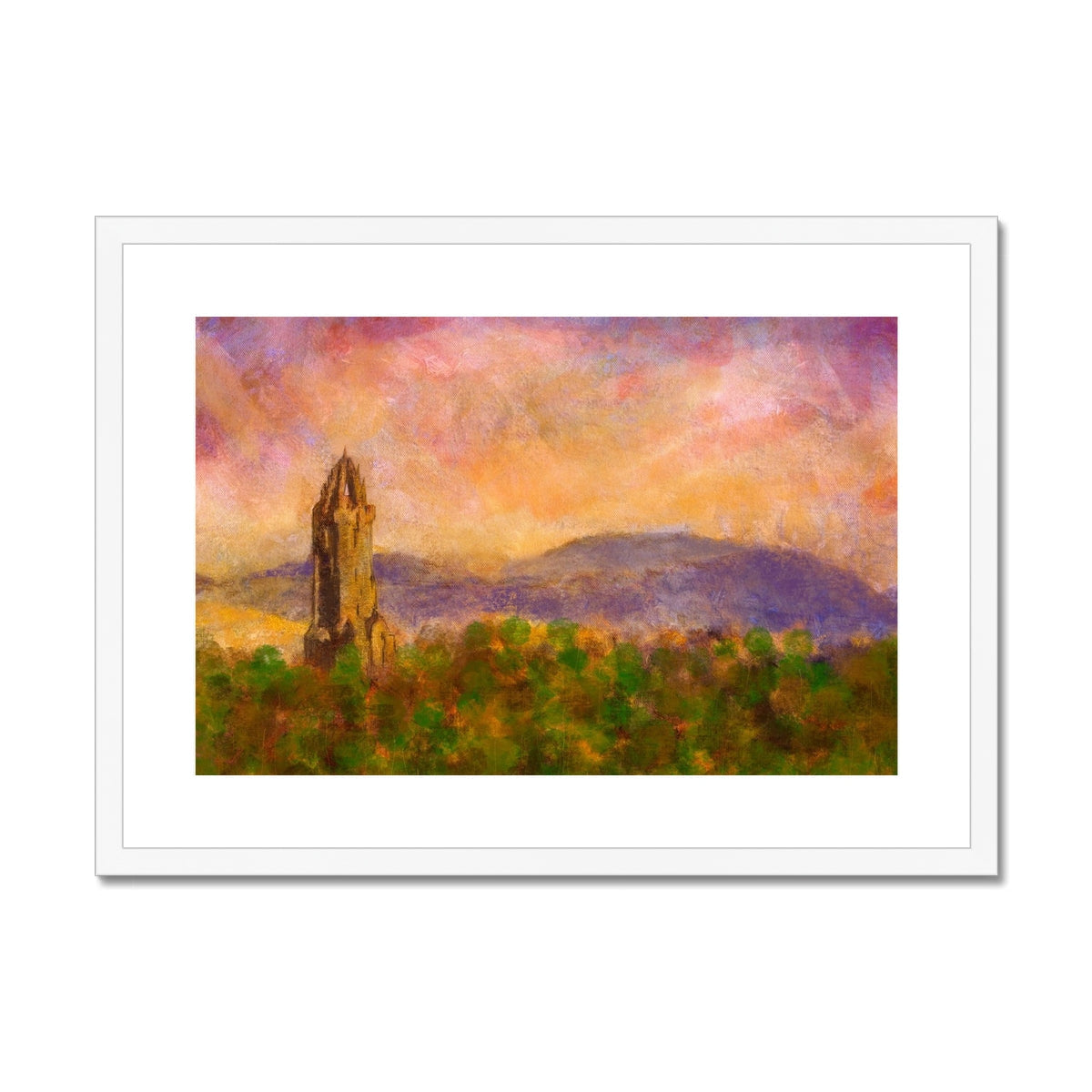 Impressionistic framed print of Wallace Monument with hills and colorful sky