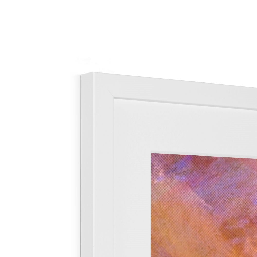 Close-up of Wallace Monument Dusk framed abstract artwork with vibrant orange and purple hues