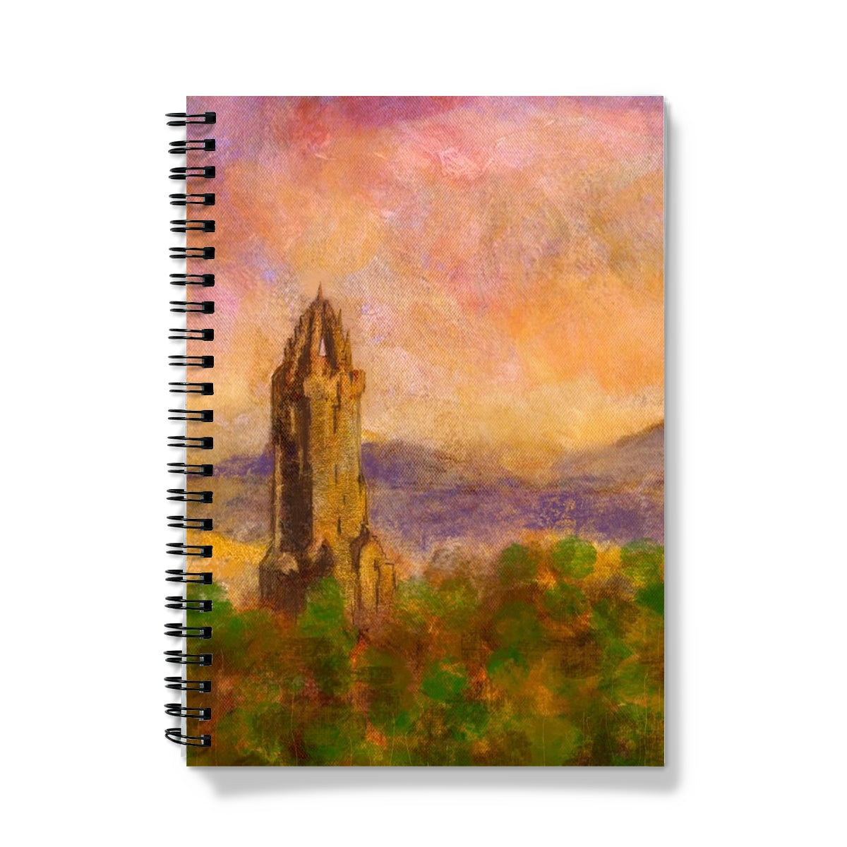 Spiral-bound Wallace Monument Dusk Notebook with impressionistic sunset landscape painting
