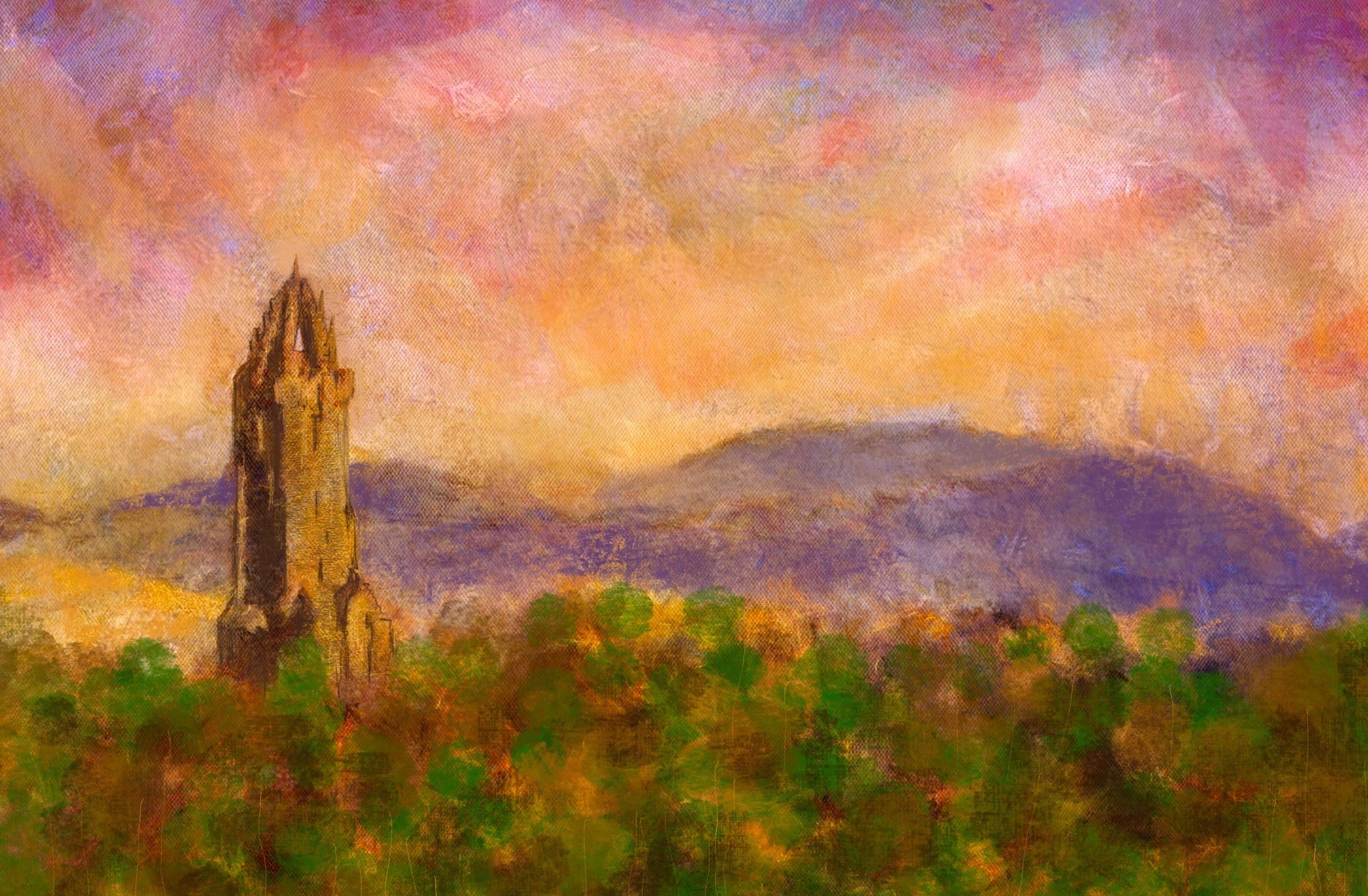 Wallace Monument Dusk Scottish landscape painting featuring a stone tower under colorful sky