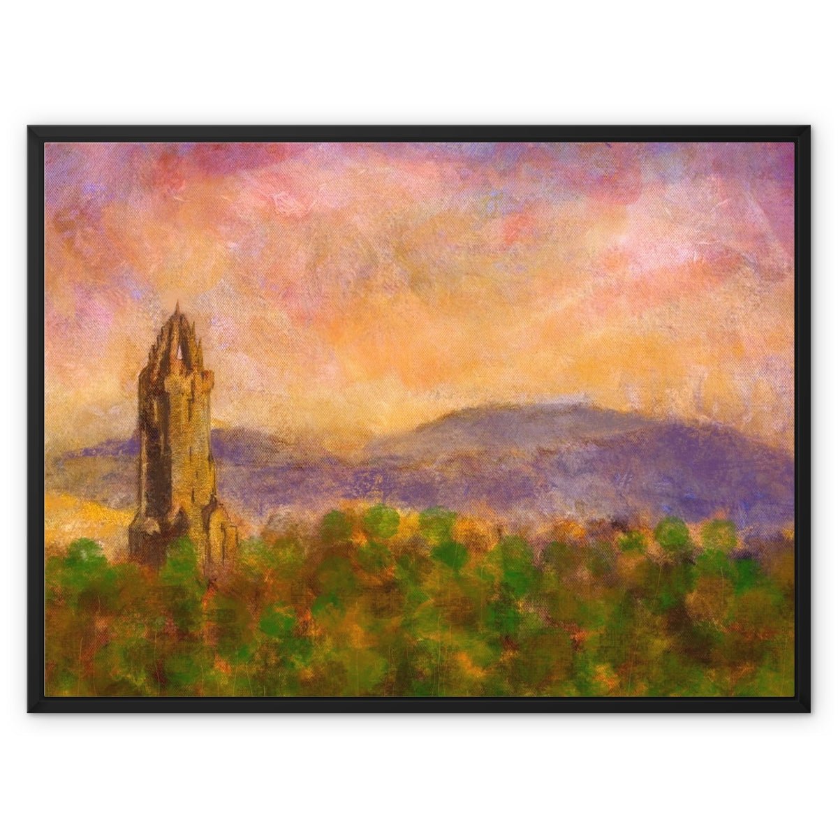Wallace Monument Dusk Painting | Framed Canvas From Scotland-Floating Framed Canvas Prints-Historic & Iconic Scotland Art Gallery-32"x24"-Paintings, Prints, Homeware, Art Gifts From Scotland By Scottish Artist Kevin Hunter