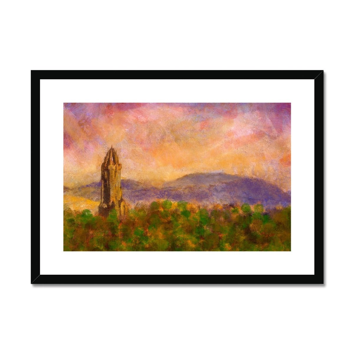 Wallace Monument Dusk Painting | Framed & Mounted Prints From Scotland-Framed & Mounted Prints-Historic & Iconic Scotland Art Gallery-A2 Landscape-Black Frame-Paintings, Prints, Homeware, Art Gifts From Scotland By Scottish Artist Kevin Hunter